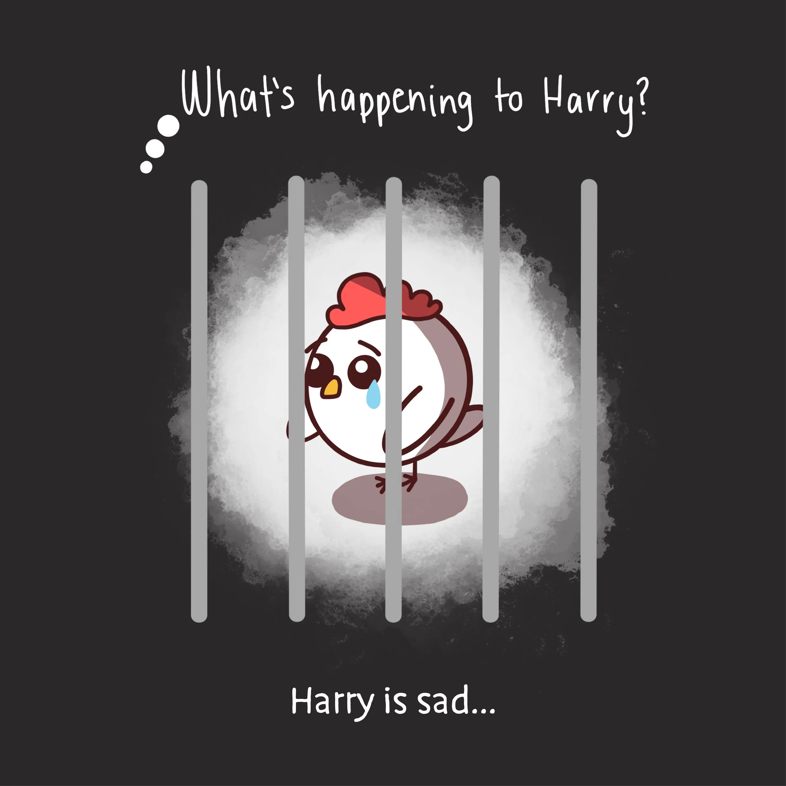 A cartoon chicken with tears in its eyes standing behind jail bars with the text 'What's happening to Harry?'. The chicken appears sad and is the central focus.