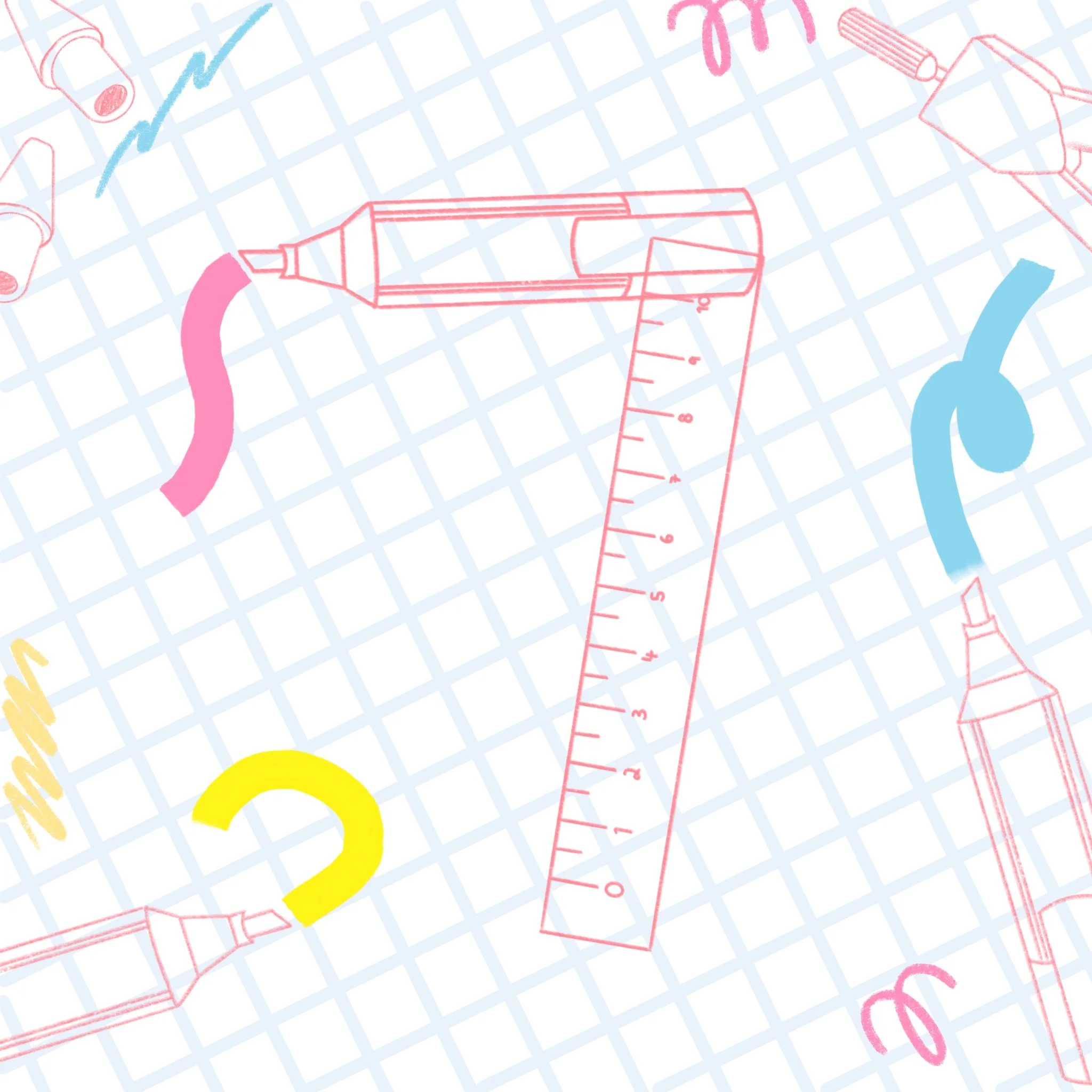 A pattern featuring medical and health-related items drawn in a sketch style, including a blood pressure cuff, syringe, mortar and pestle, pill bottle, measuring ruler, and colorful question marks on a white grid background.
