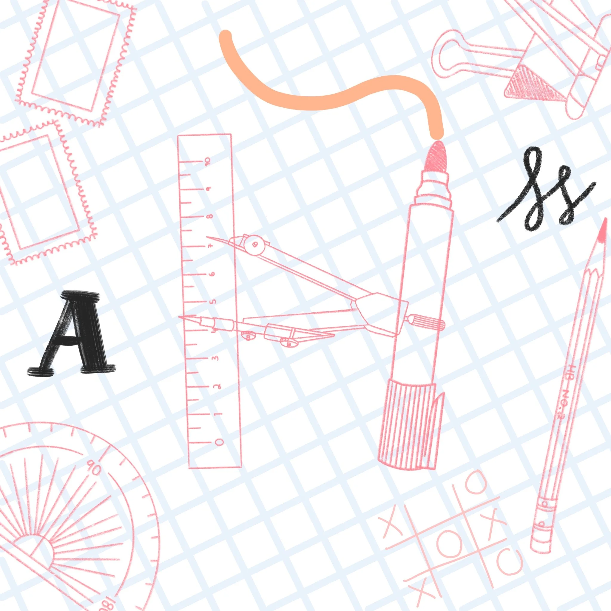 Pattern of engineering and drafting tools, including a ruler, compass, syringe, pencil, XO and O tic-tac-toe game, and geometric diagrams, on a grid background.
