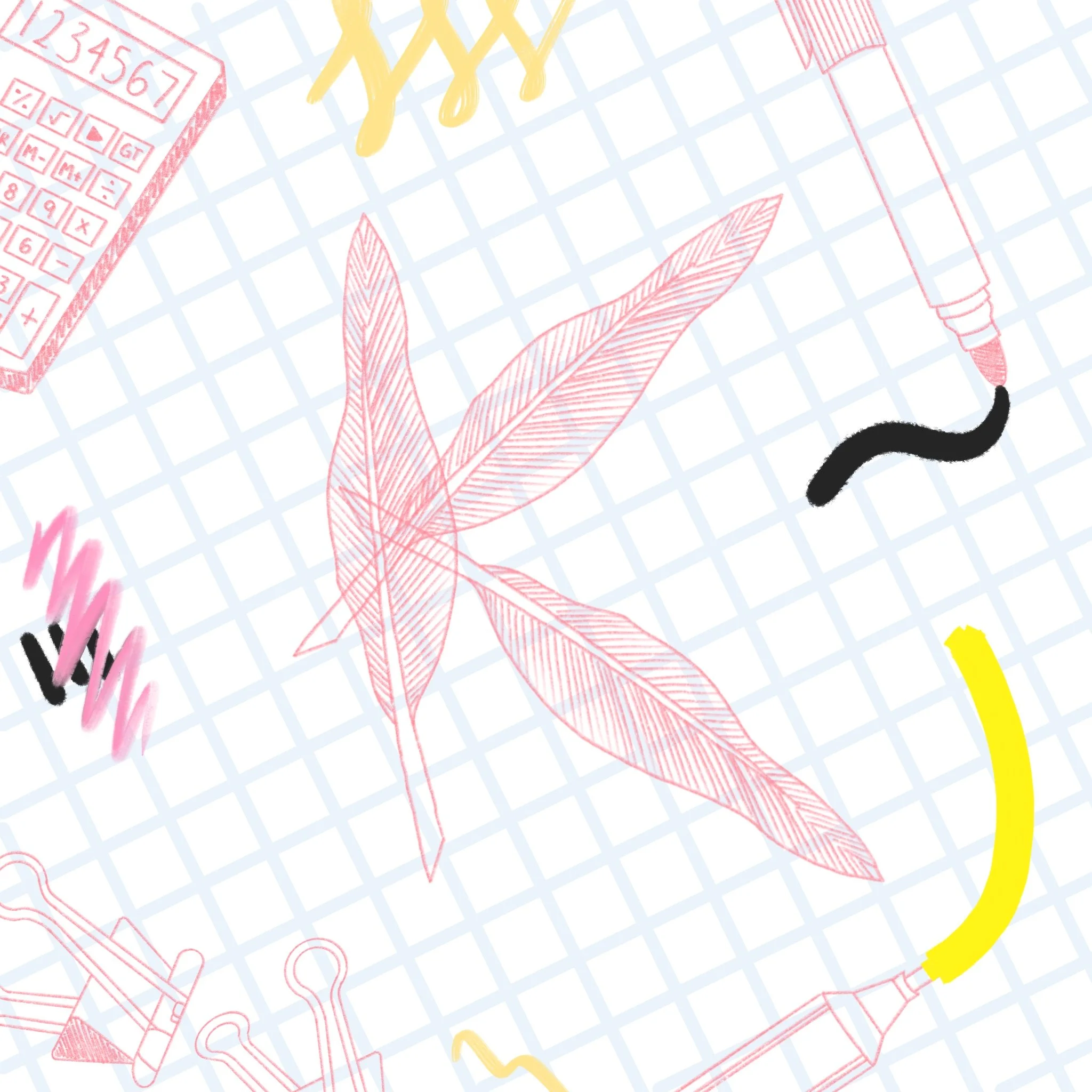 Illustration of various school supplies including a calculator, feathers, a pen, a light bulb, and a clamp on graph paper background.