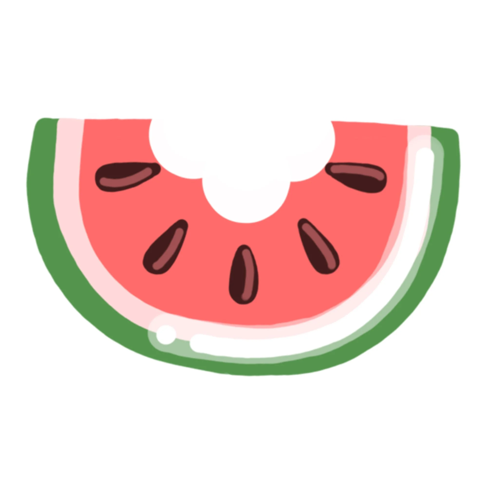 A cartoon illustration of a slice of watermelon with red flesh, black seeds, white rind, and green outer skin.