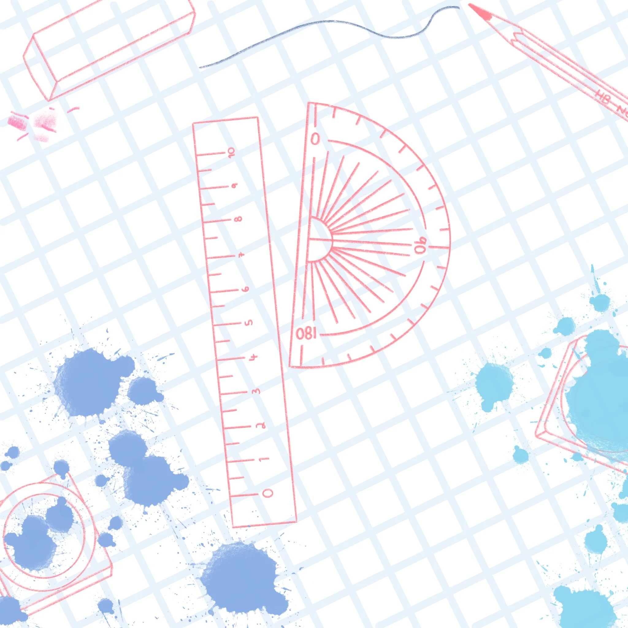 Drawing of school supplies on grid paper, including a ruler, protractor, pen, and ink splatters.