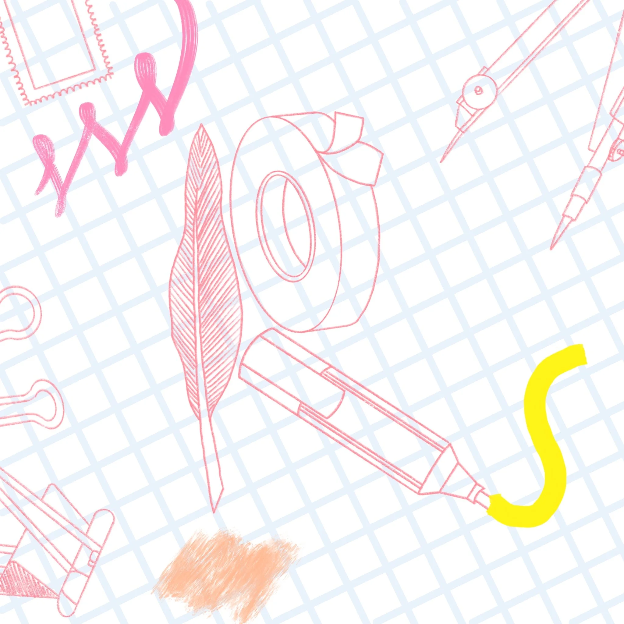 A digital pattern featuring hand-drawn office and art supplies on a light blue grid background. Items include a feather pen, highlighter, ruler, paper clip, and thumbtacks.