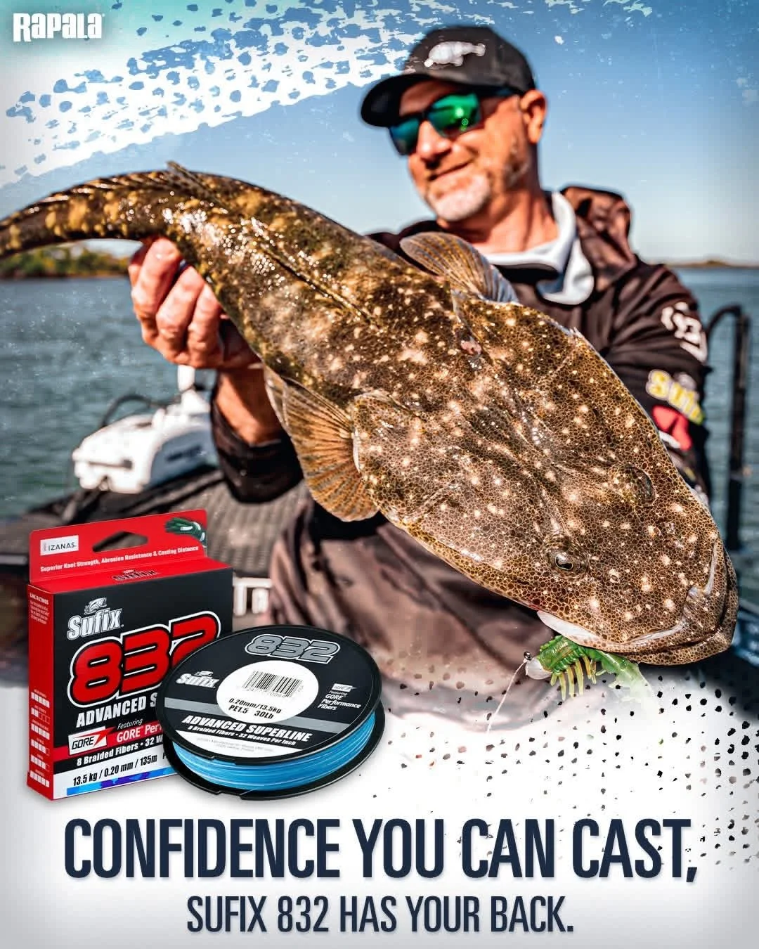 A man holding a large fish on a boat, with fishing lines and fishing tackle nearby, advertising the Sufix 832 fishing line with the tagline 'Confidence you can cast, Sufix 832 has your back.'