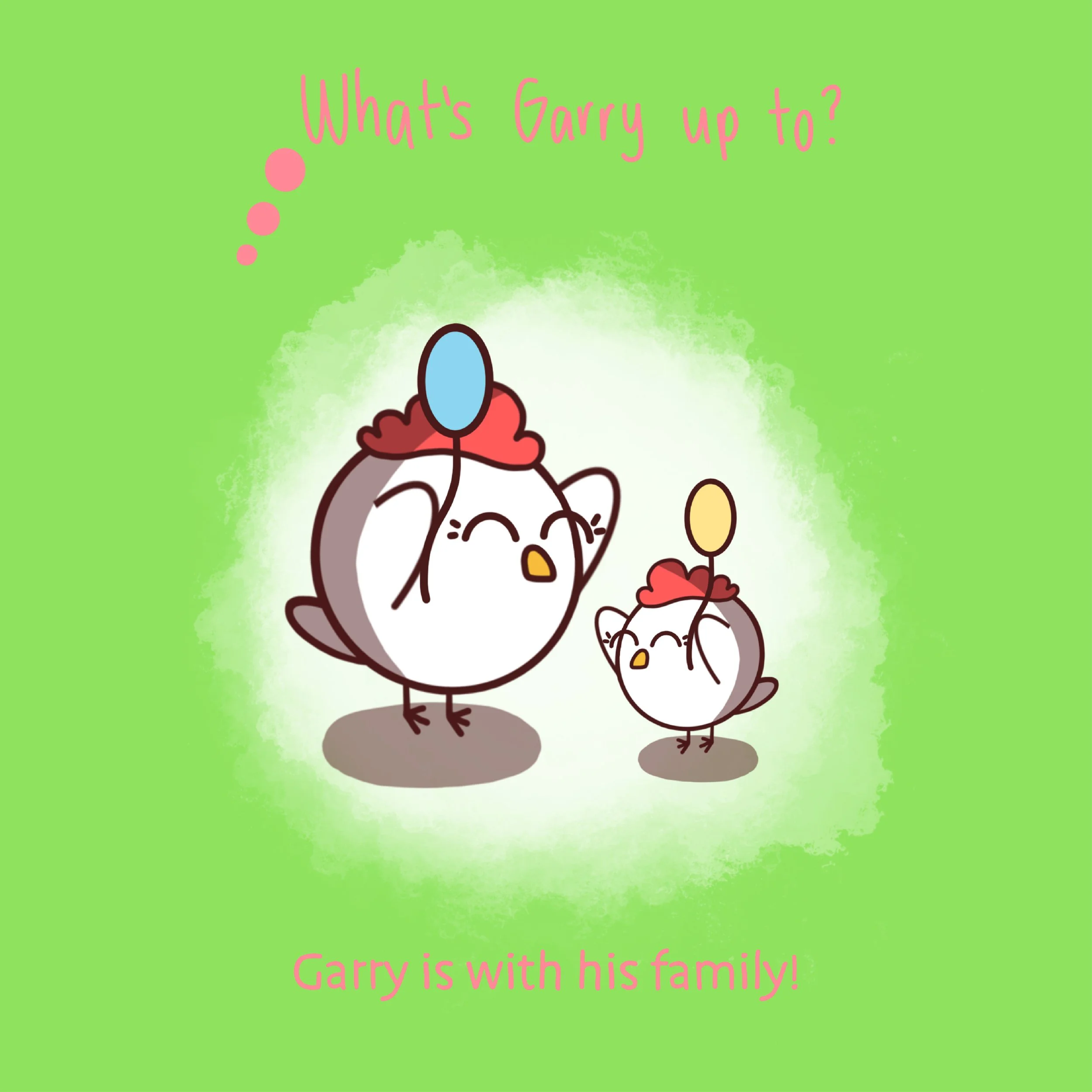 A cartoon of two birds holding balloons against a green background with pink and yellow text.