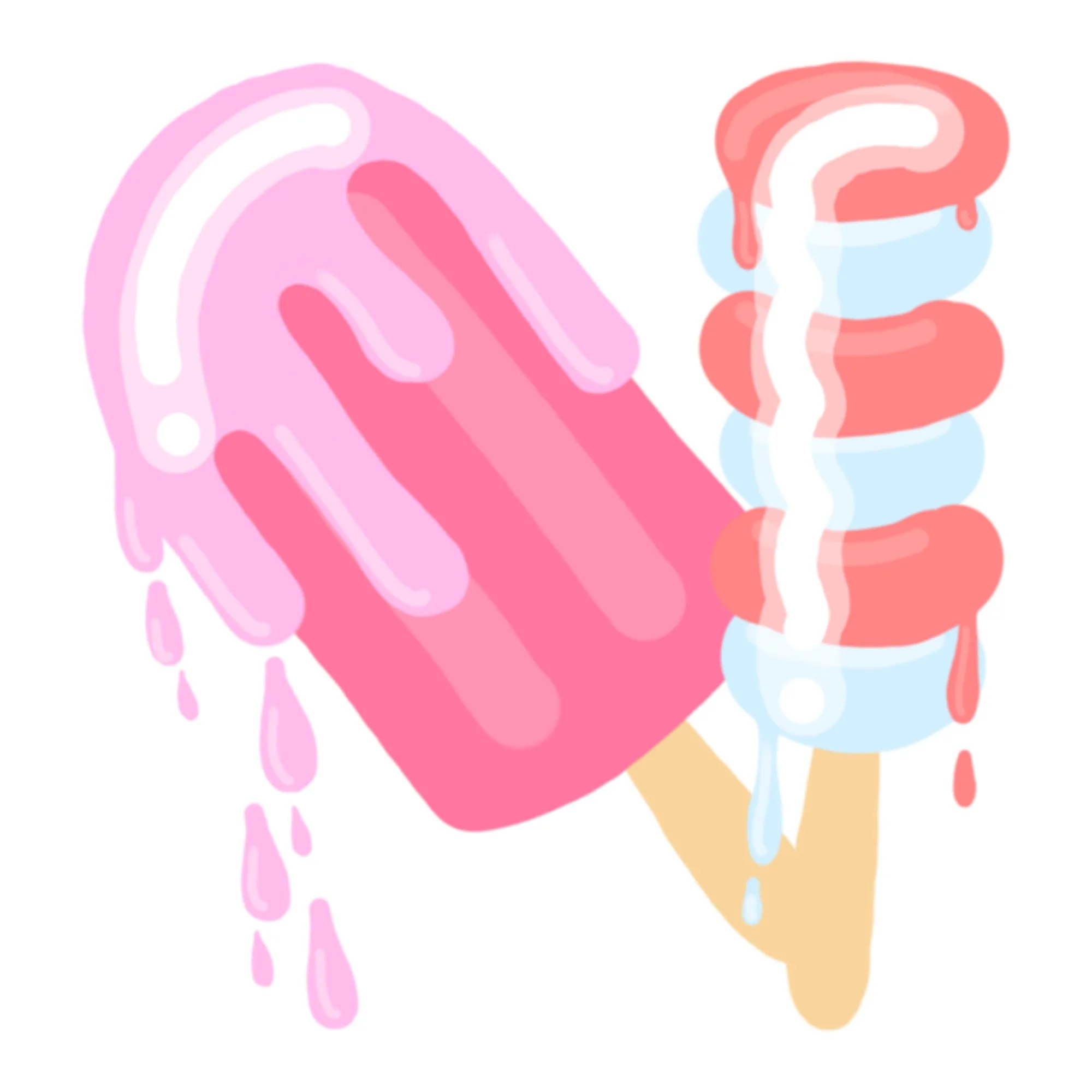 A digital illustration of three melting ice cream popsicles in pink, blue, and red flavors, with dripping and melting effects.