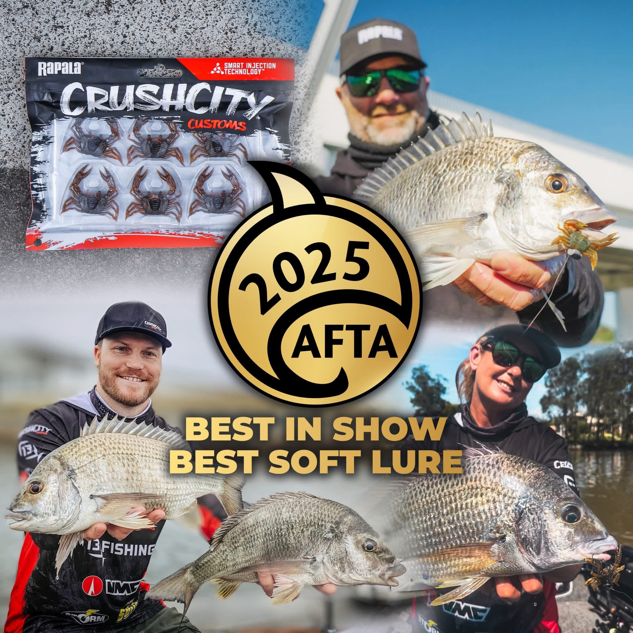Group of three anglers holding large fish, with AFTA 2025 logo and text 'Best in Show Best Soft Lure' overlay, fishing gear, blue sky, and water background.
