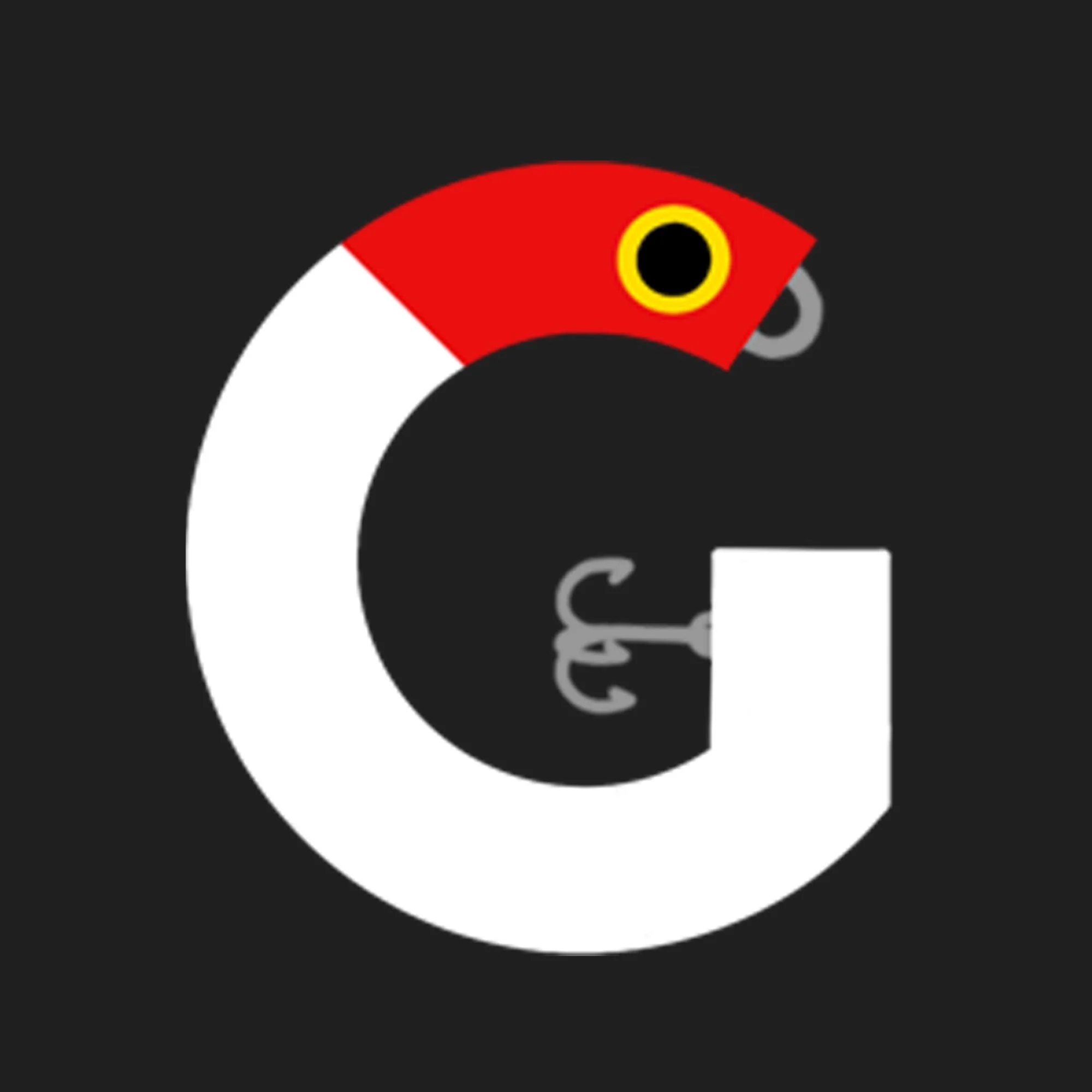 A stylized letter G designed to look like a fishing lure with a fish head, hook, and a white and red color scheme on a black background.