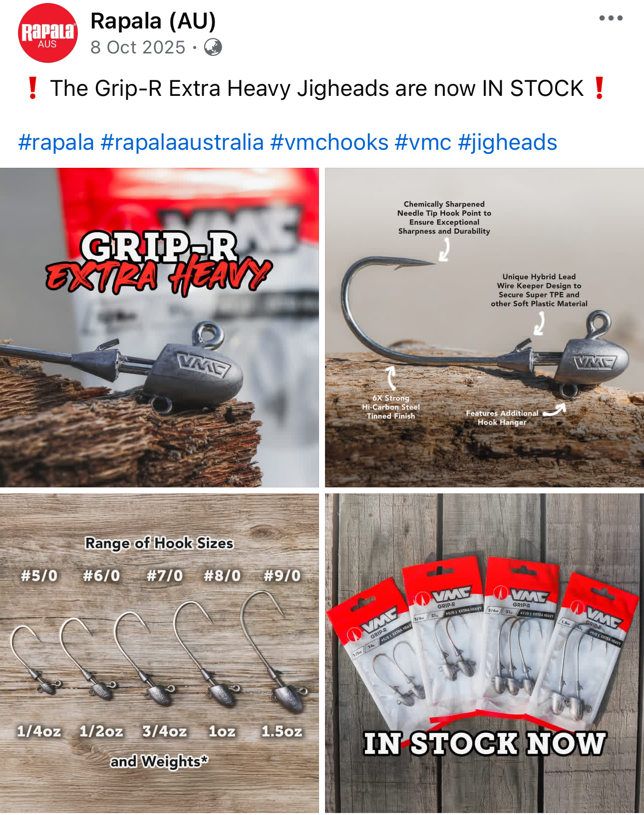 A collage of four images advertising VMC high-carb steel jigheads with hooks, featuring product details, different sizes, and packaging.