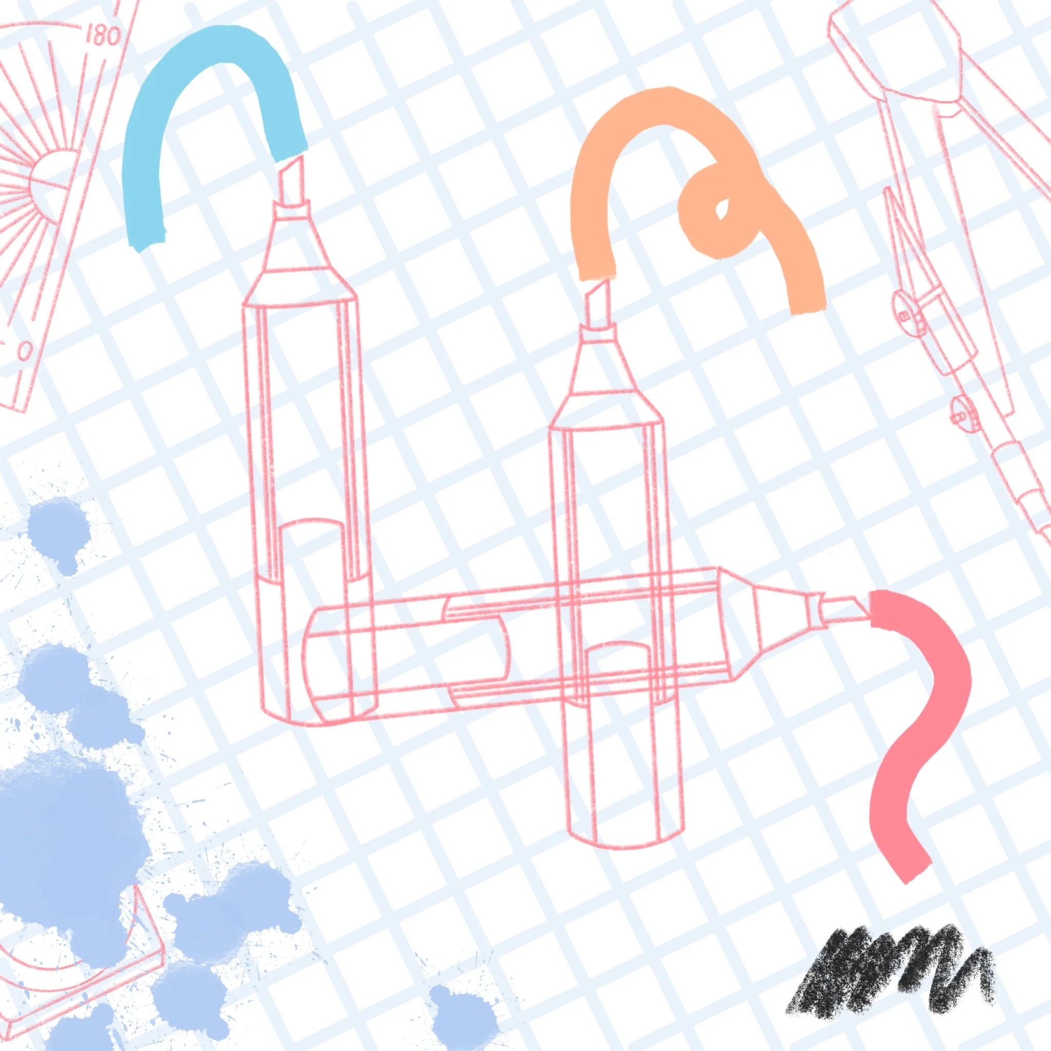 A digital sketch of a city skyline featuring tall buildings with spires, overlaid on graph paper with blueprint lines. There are colored sections in blue, orange, and red, along with blue paint splatters and a black scribble at the bottom right.