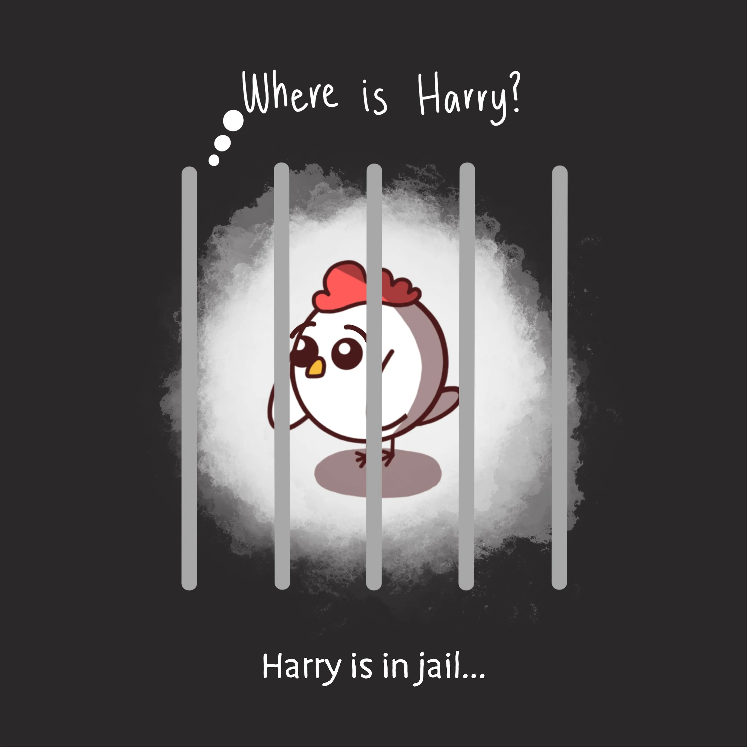 A cartoon hen in jail with gray bars, and the text 'Where is Harry? Harry is in jail...' above and below, with a dark background.