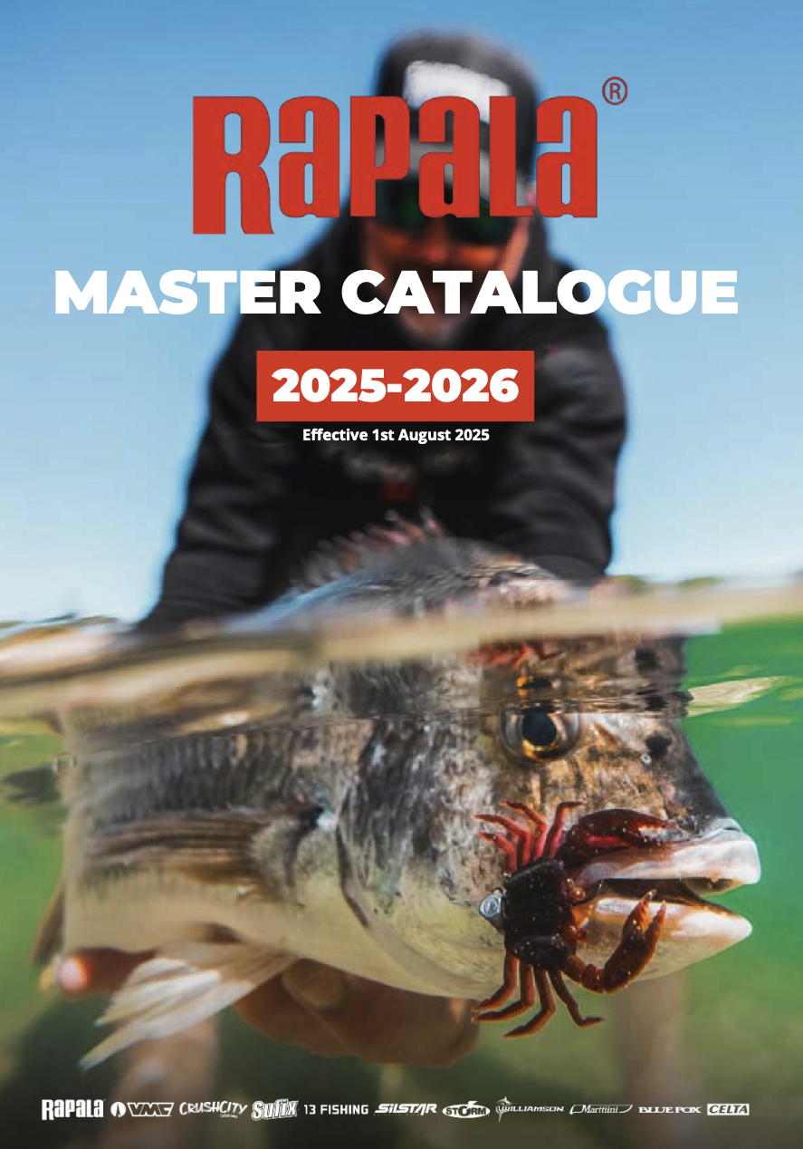 Cover of a Rapala fishing catalog featuring a split view with an angler in the background, holding a fish with a soft plastic crab lure in its mouth, and various logos at the bottom.