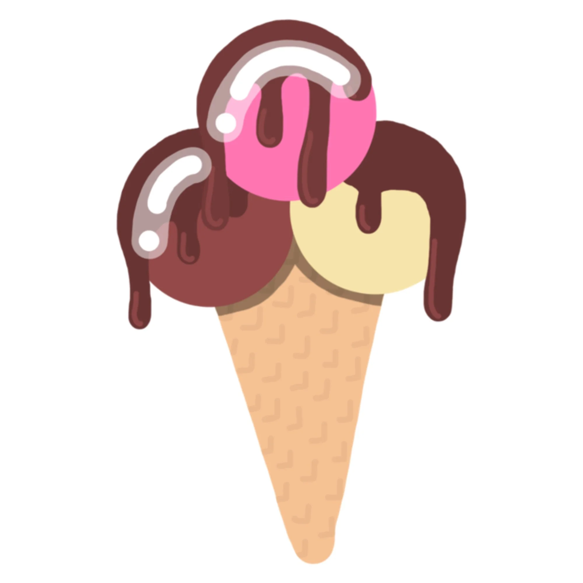An ice cream cone with four scoops in pink, yellow, brown, and dark brown, topped with chocolate syrup.