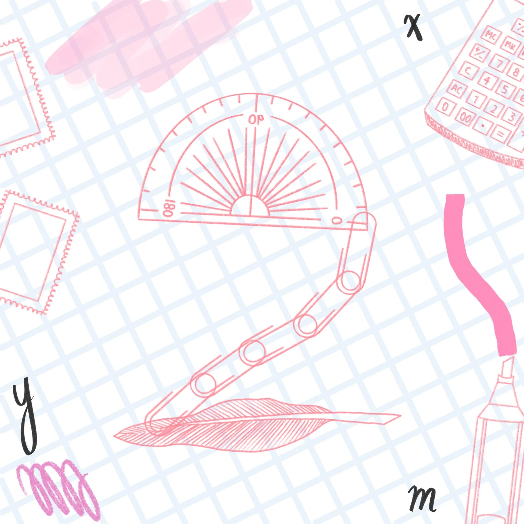 A pastel-colored pattern featuring a protractor, a paperclip, a bottle with a straw, a calculator, and handwritten notes on graph paper background.