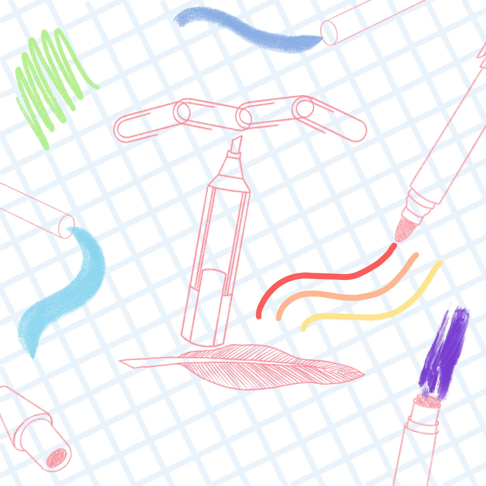 Doodle-style drawing of various cosmetic and beauty products, including lipstick, nail polish, eyeliner, and brushes, on grid paper background.