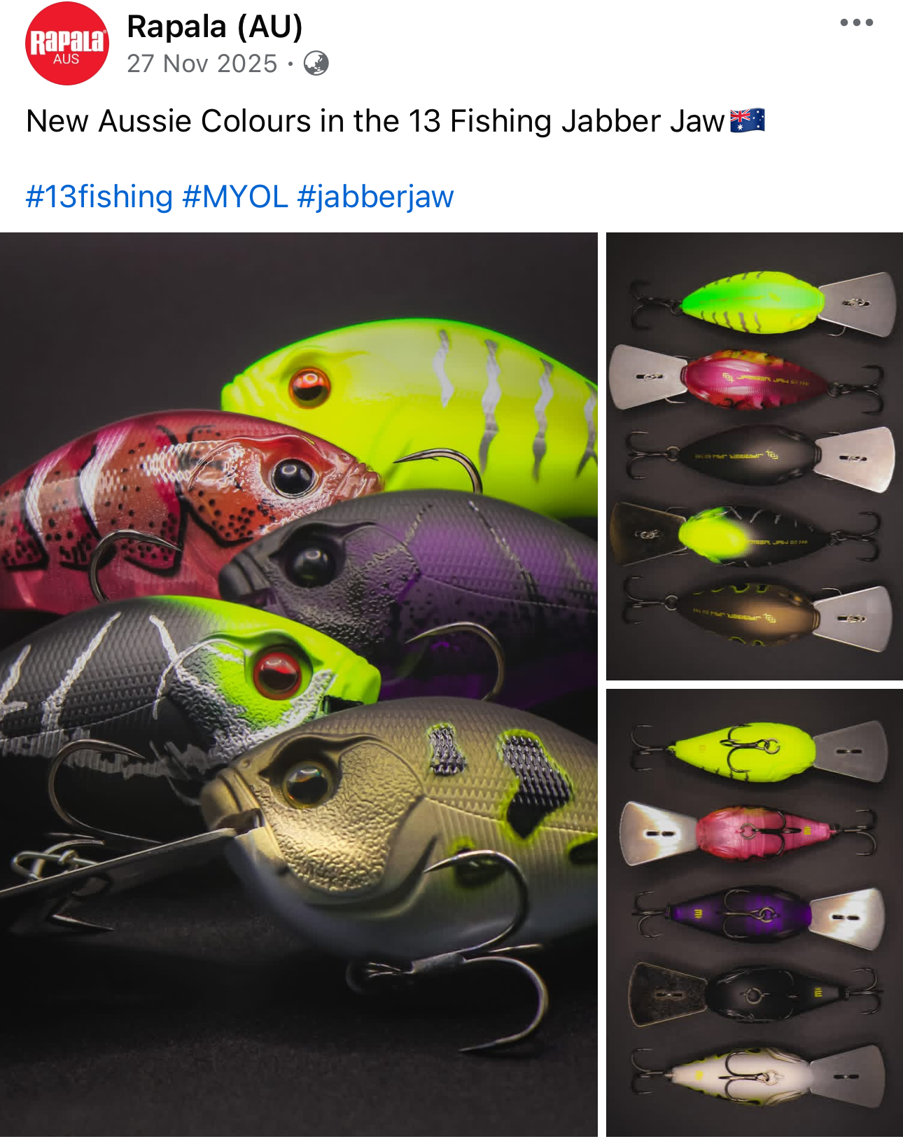 Close-up of nine fishing lures in various bright colors and patterns, with three larger lures in the background featuring three of the lures from the smaller set.