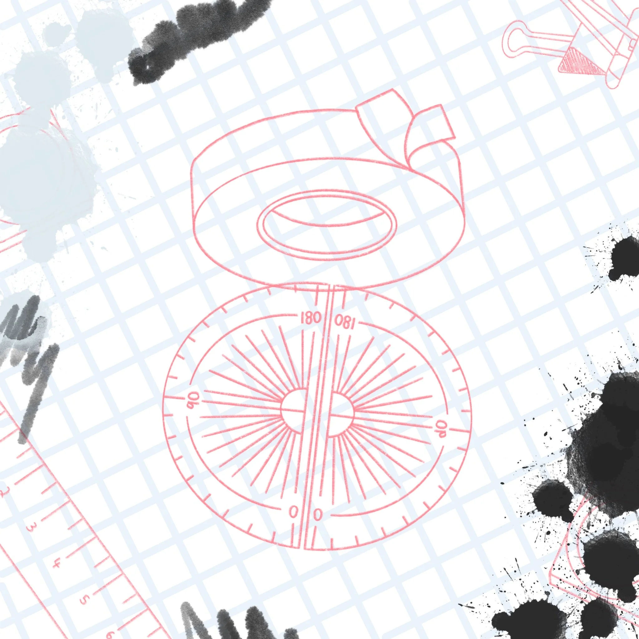 Design sketch of a circular coffee filter, a stopwatch, and a tape measure on graph paper with ink splatters and graffiti-style markings.