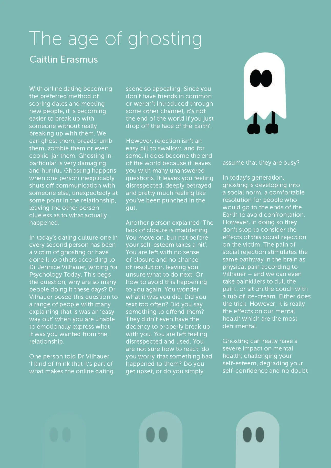 A page from a publication titled 'The age of ghosting' by Caitlin Erasmus, discussing online dating and ghosting, with illustrations of cartoon ghosts at the top, bottom, and right side of the page.