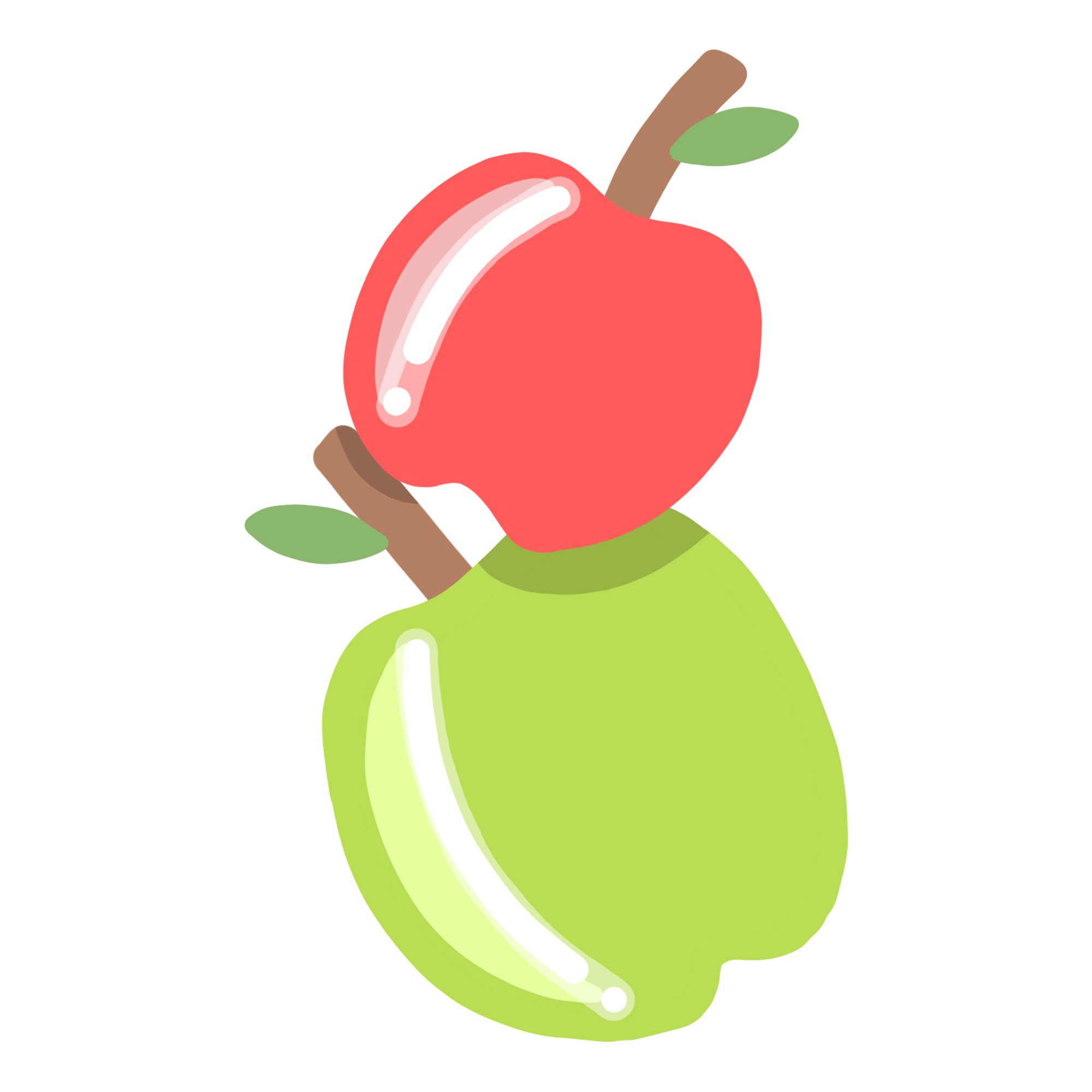 An illustration of a green apple with a red apple on top, connected by a brown branch with small green leaves.