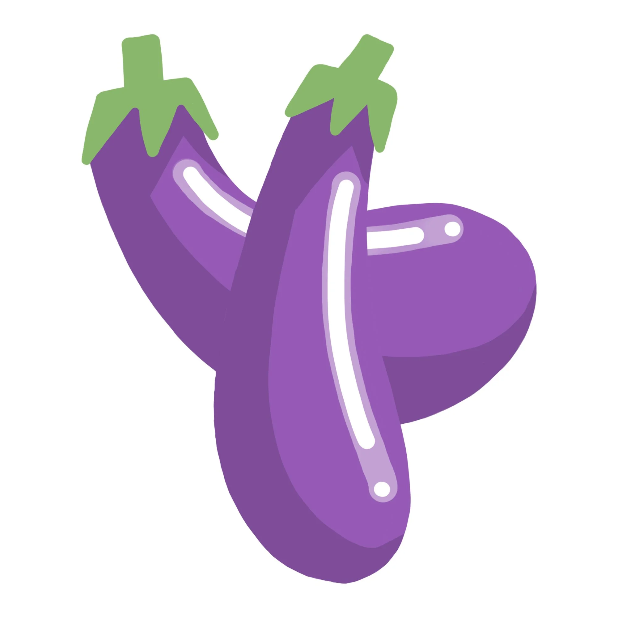 Cartoon illustration of three purple eggplants with green caps.