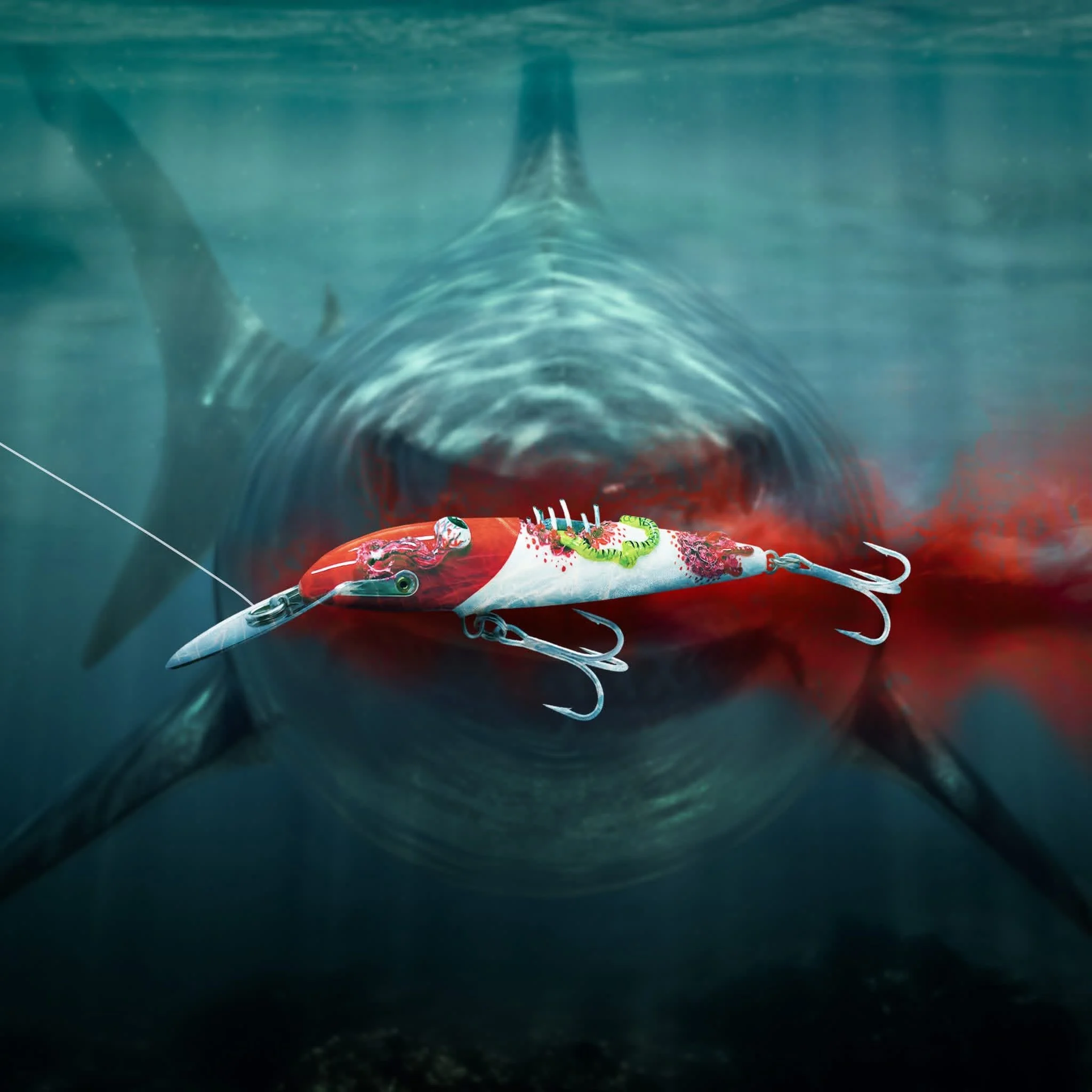 A large shark underneath the water with a fishing lure attached by a fishing line in front of it.