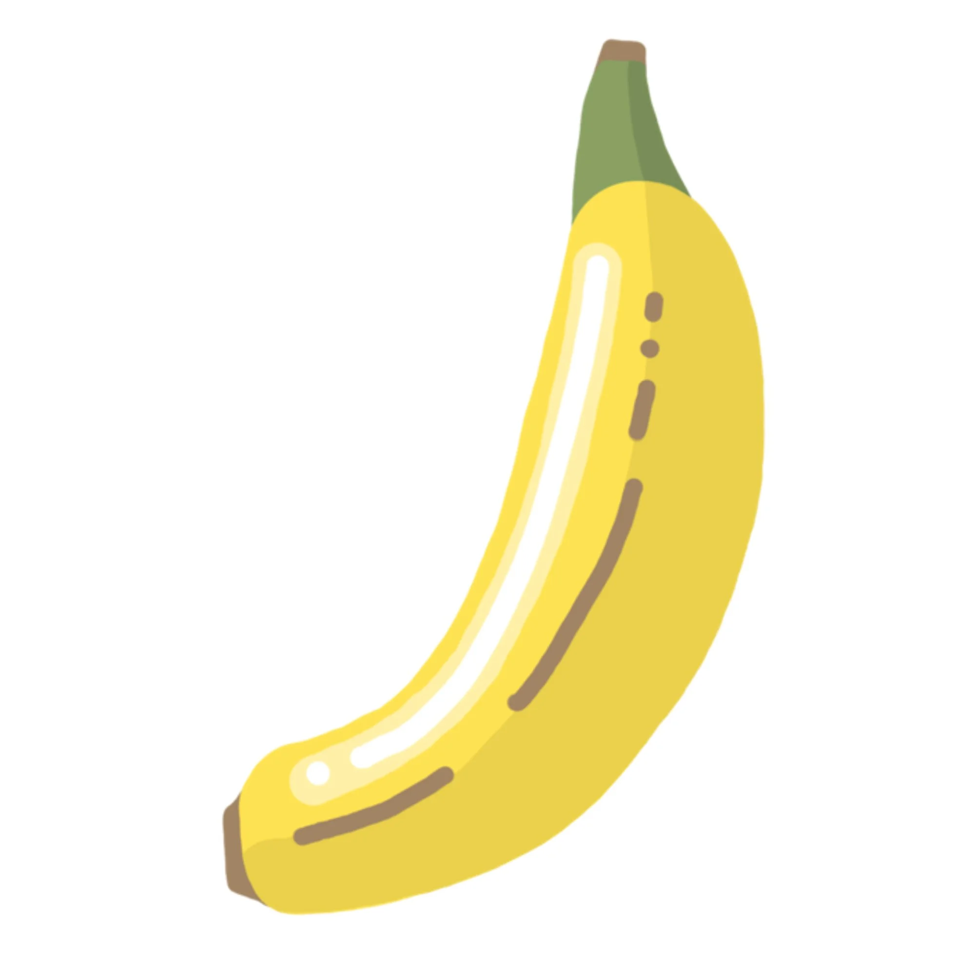 Digital illustration of a ripe yellow banana with brown spots and a green stem.