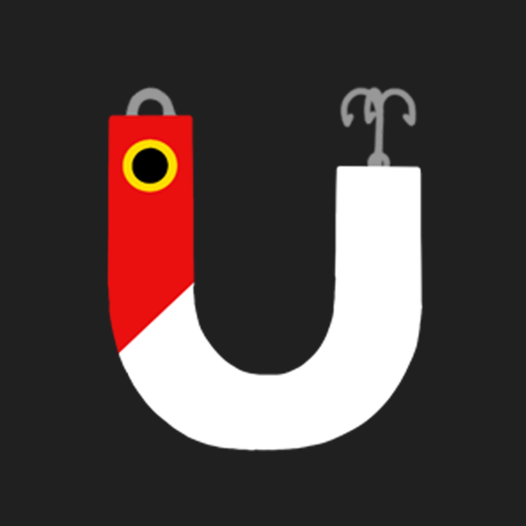 Graphic of a horseshoe magnet depicted as a 'U' shape with a red and white color pattern, set against a black background.