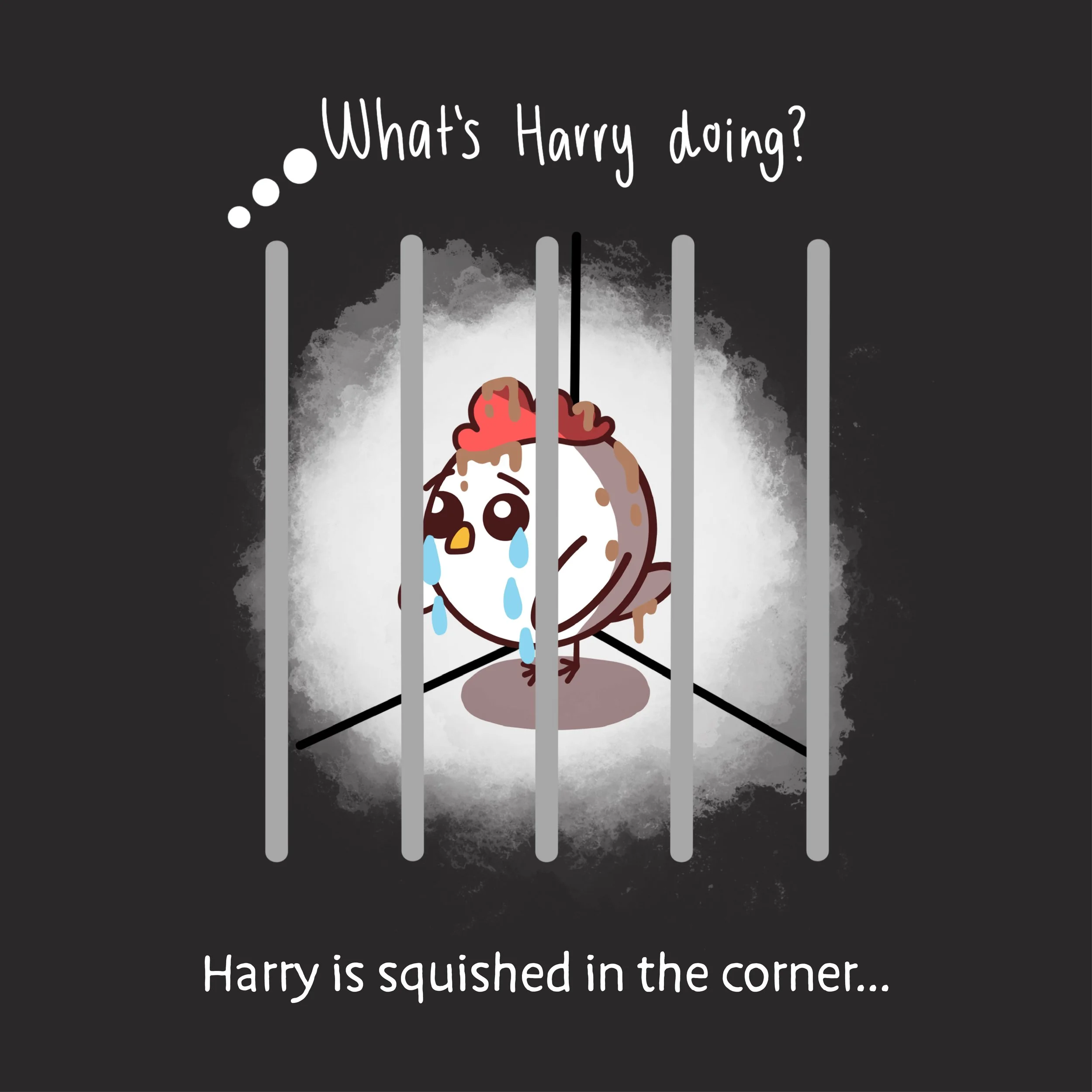 A cartoon ice cream cone character behind jail bars, crying with tears, with the text "What's Harry doing?" above and "Harry is squished in the corner..." below.