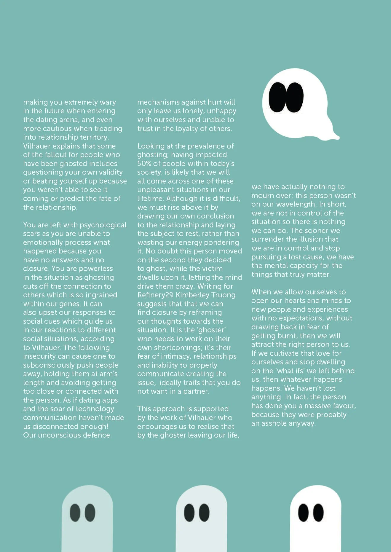 A teal-colored background with three cartoon ghost illustrations at the bottom. The ghost on the right is white with black eyes, the middle ghost is light blue with black eyes, and the left ghost is light green with black eyes.