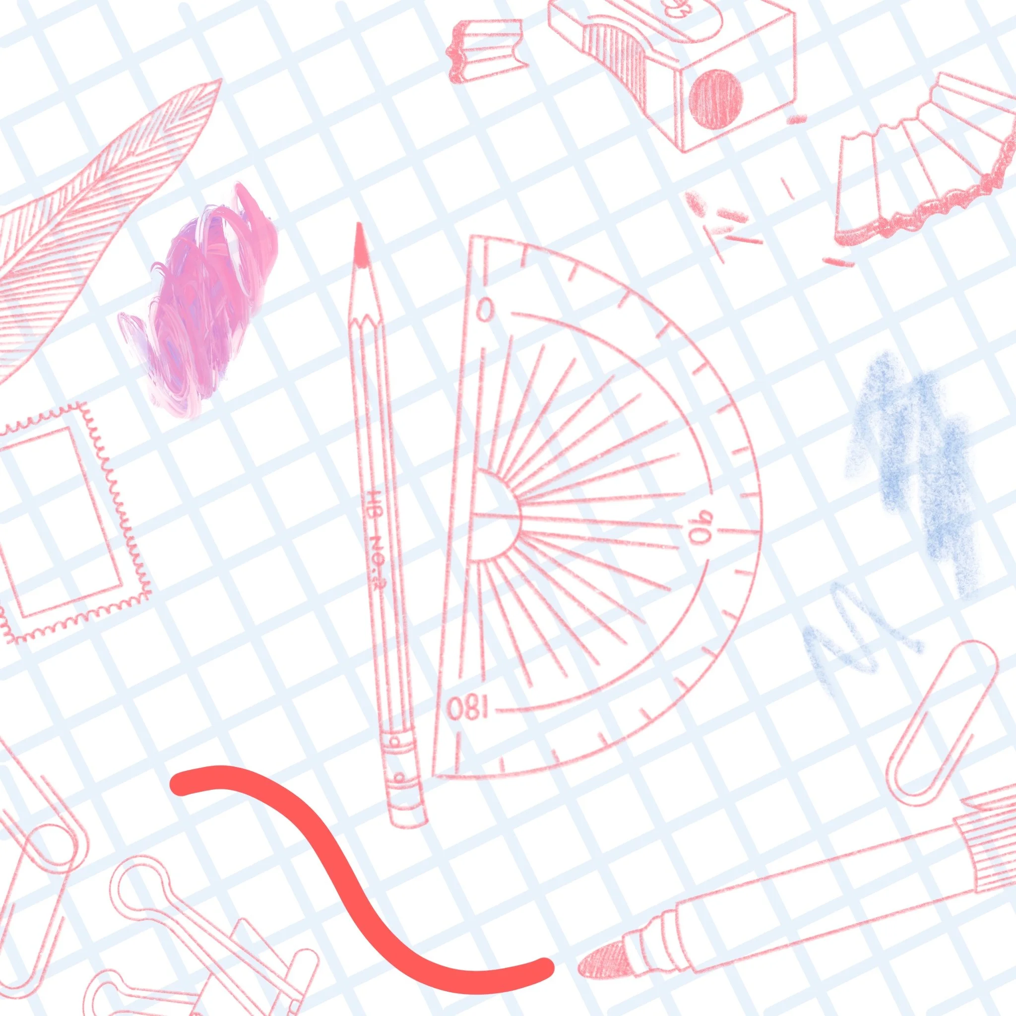 Sketch of various school supplies on graph paper, including a protractor, pencil, ruler, notebook, paintbrush, and scissors.