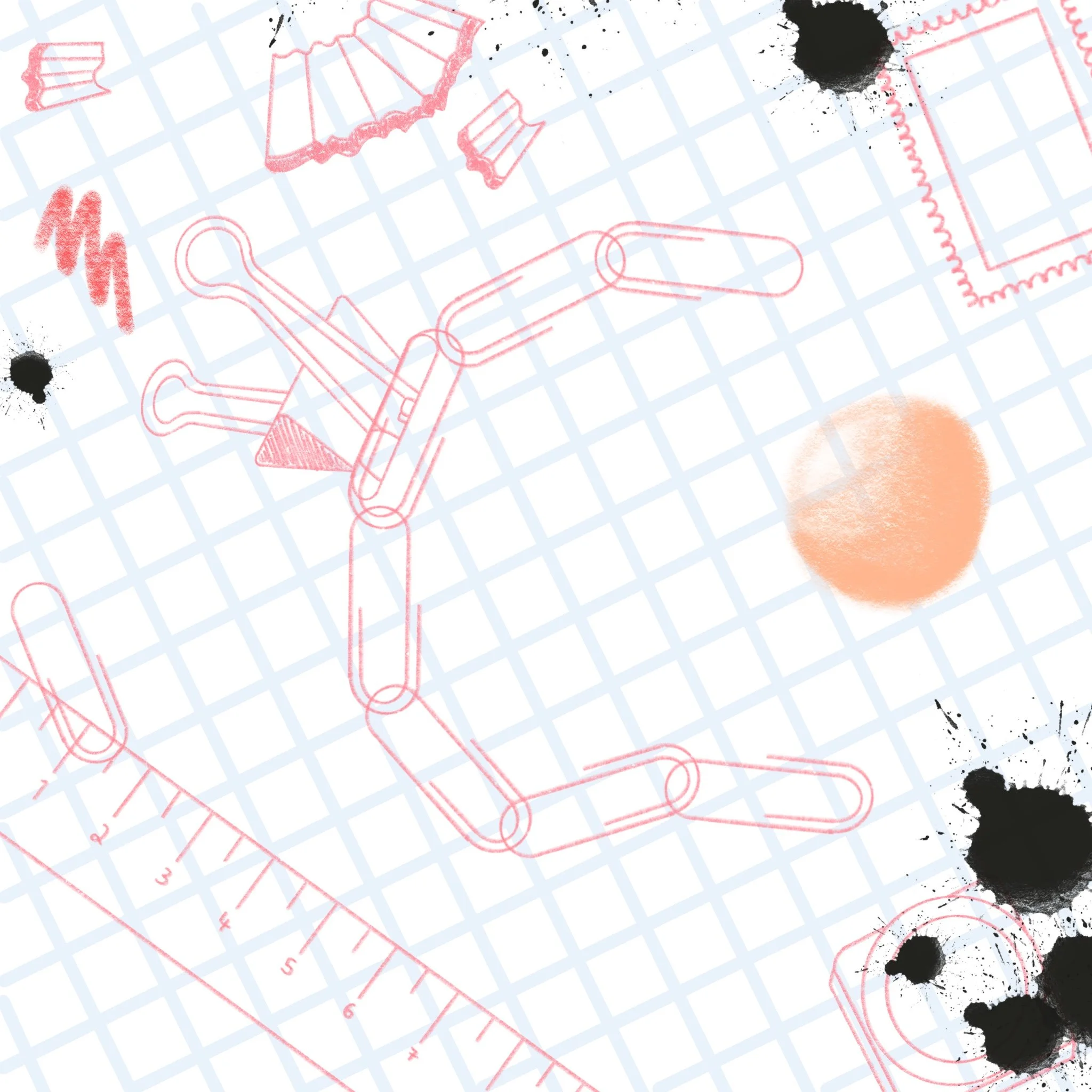 Illustration of a mechanical arm made of interconnected pink lines on graph paper background with various black ink splashes and orange watercolor circle.