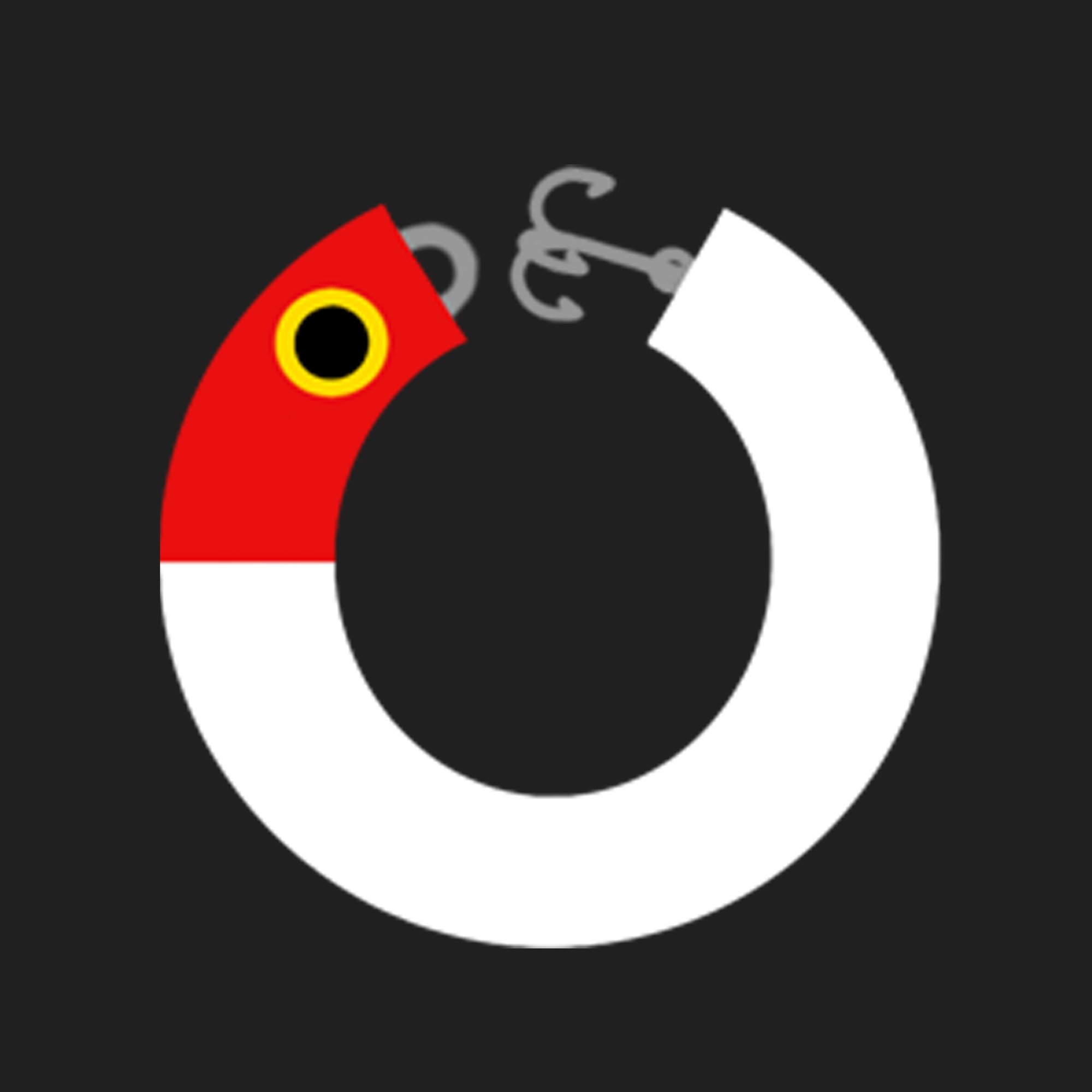 Graphic design of a stylized fish made of a circular shape, half red and half white, with a yellow and black eye, set against a black background.