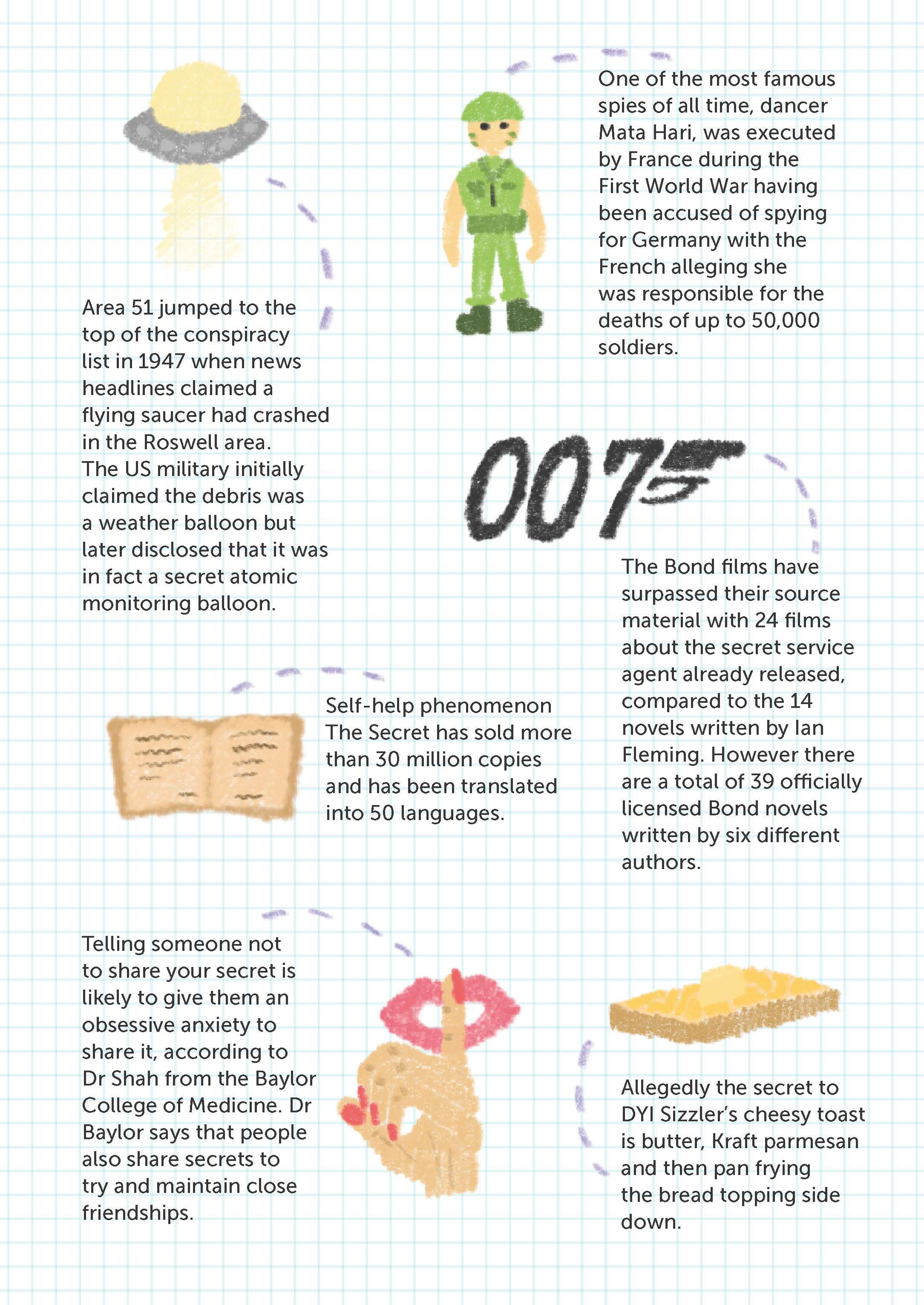 A colorful educational infographic with a light blue grid background, featuring small illustrations of a UFO, a soldier, a book, lips, and a piece of toast. The infographic includes facts about spy missions, the James Bond film series, the secret of 