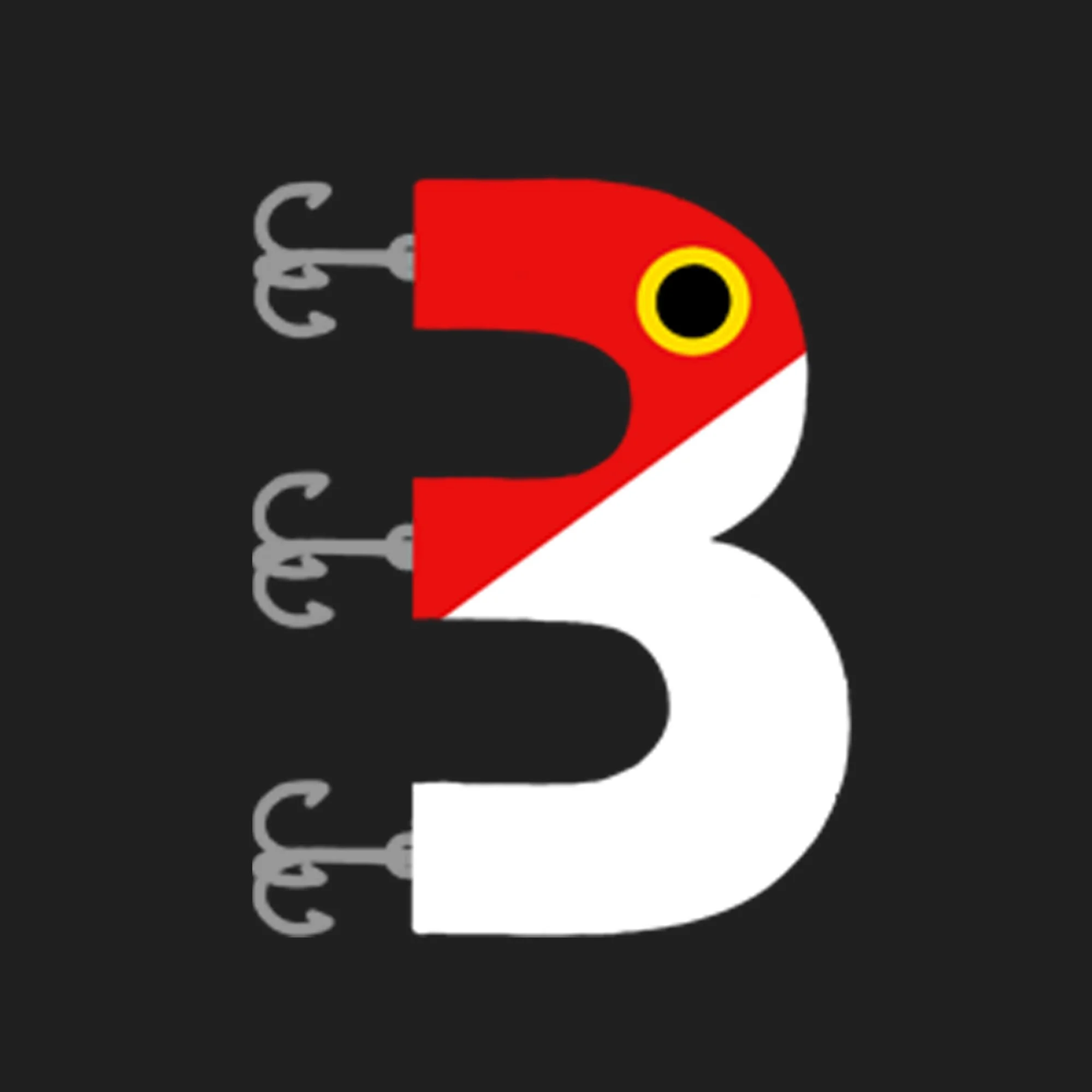 An abstract illustration of a fish with a red, white, and yellow color scheme, with three small fishing hooks on a black background.