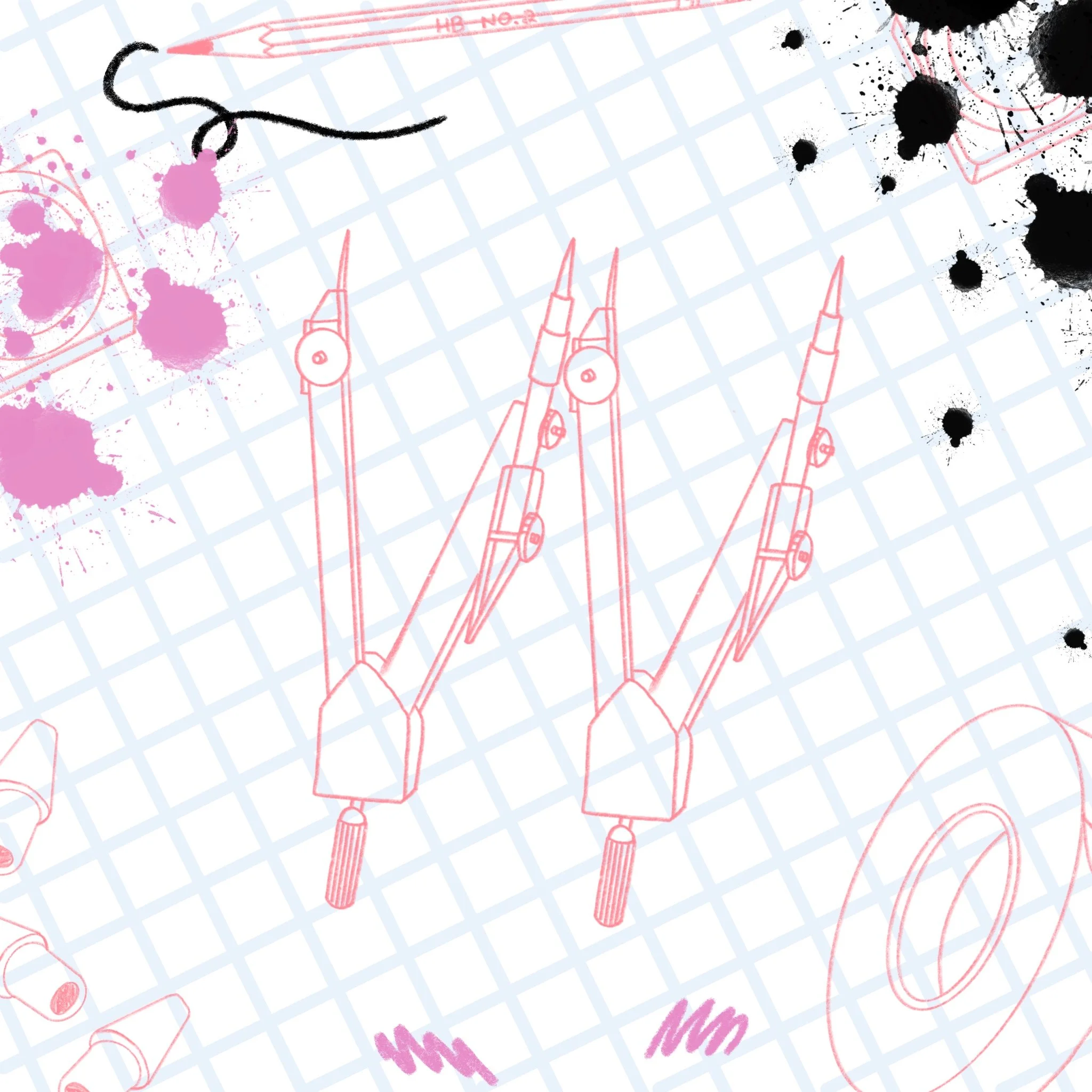 A technical blueprint sketch of robotic legs with springs, drawn in red lines on graph paper with black ink splatters and pink ink splotches.