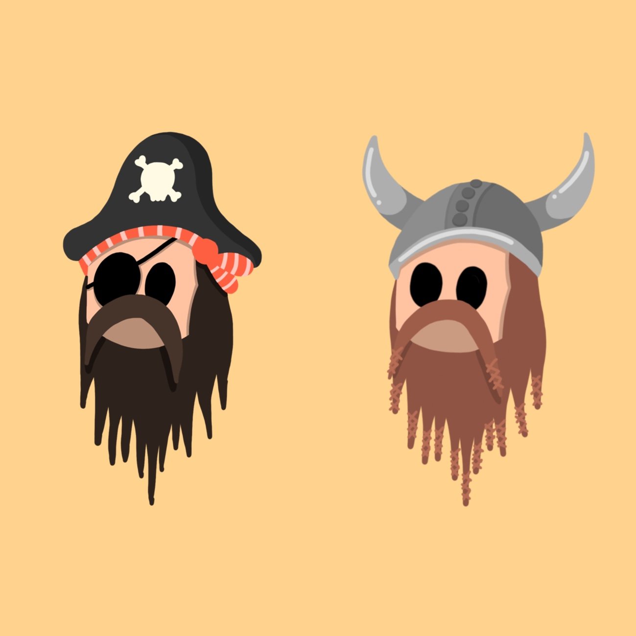 Two cartoon pirate faces with beards, one wearing a black pirate hat with a skull and crossbones and an eye patch, the other wearing a gray Viking helmet with horns.