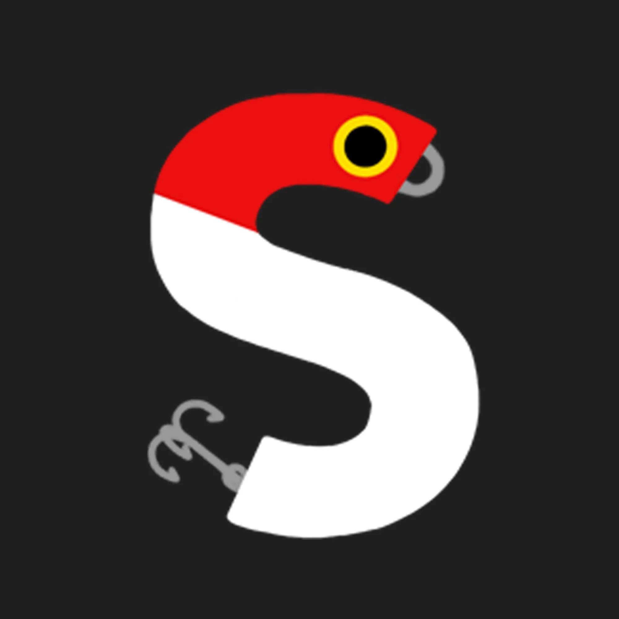 Graphic design with a letter 'S' shaped like a toucan bird, featuring a red head, yellow eye, black beak, and ghostly gray claws against a black background.