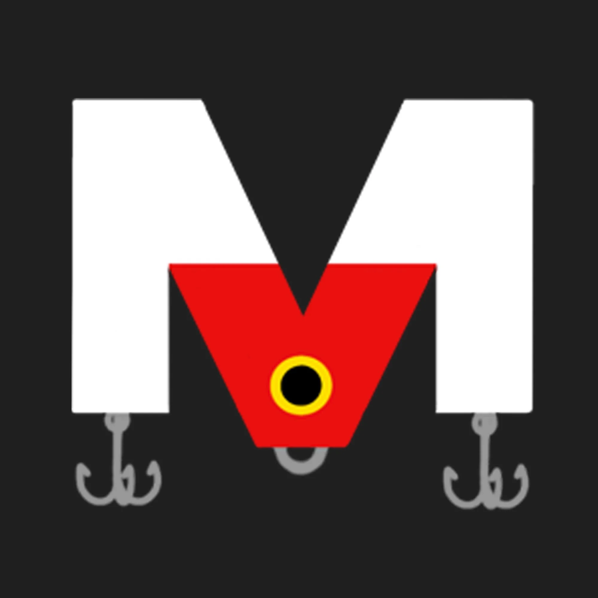 A fishing tackle box marked with a red V with a yellow circle and black dot, white compartments with hooks, all set against a black background.