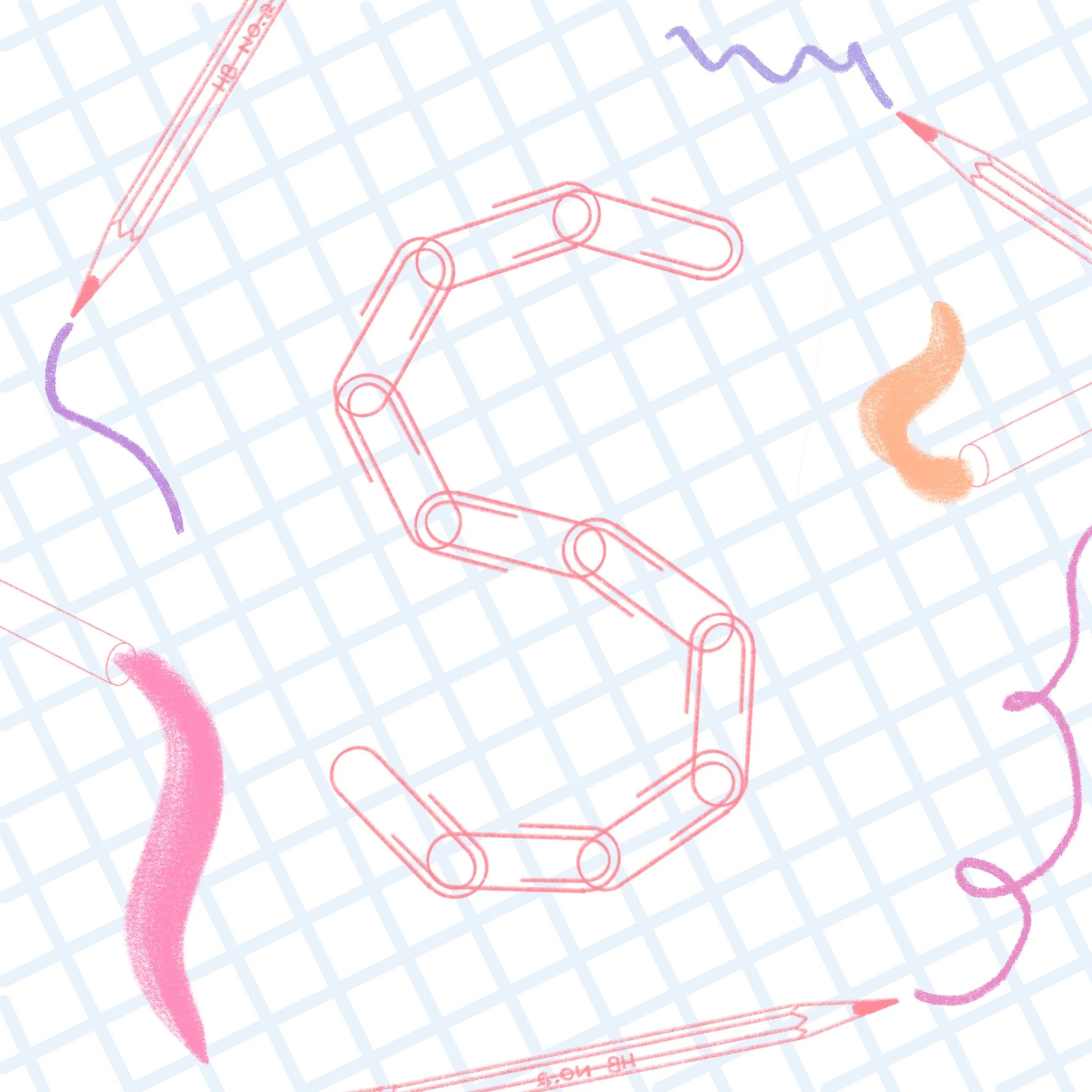 Patterned grid background with sketches of a pen, a mechanical arm, and squiggly lines in pink, purple, orange, and red.