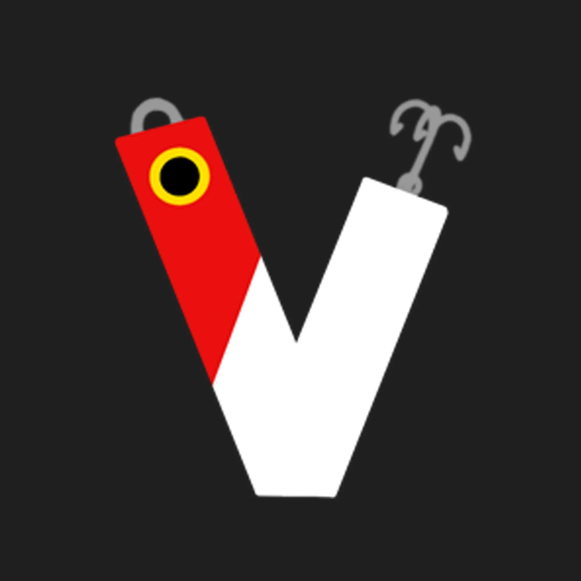 Stylized graphic of a white letter 'V' with a red circle at the top left corner and two hooks on top, one gray and one black, against a dark background.