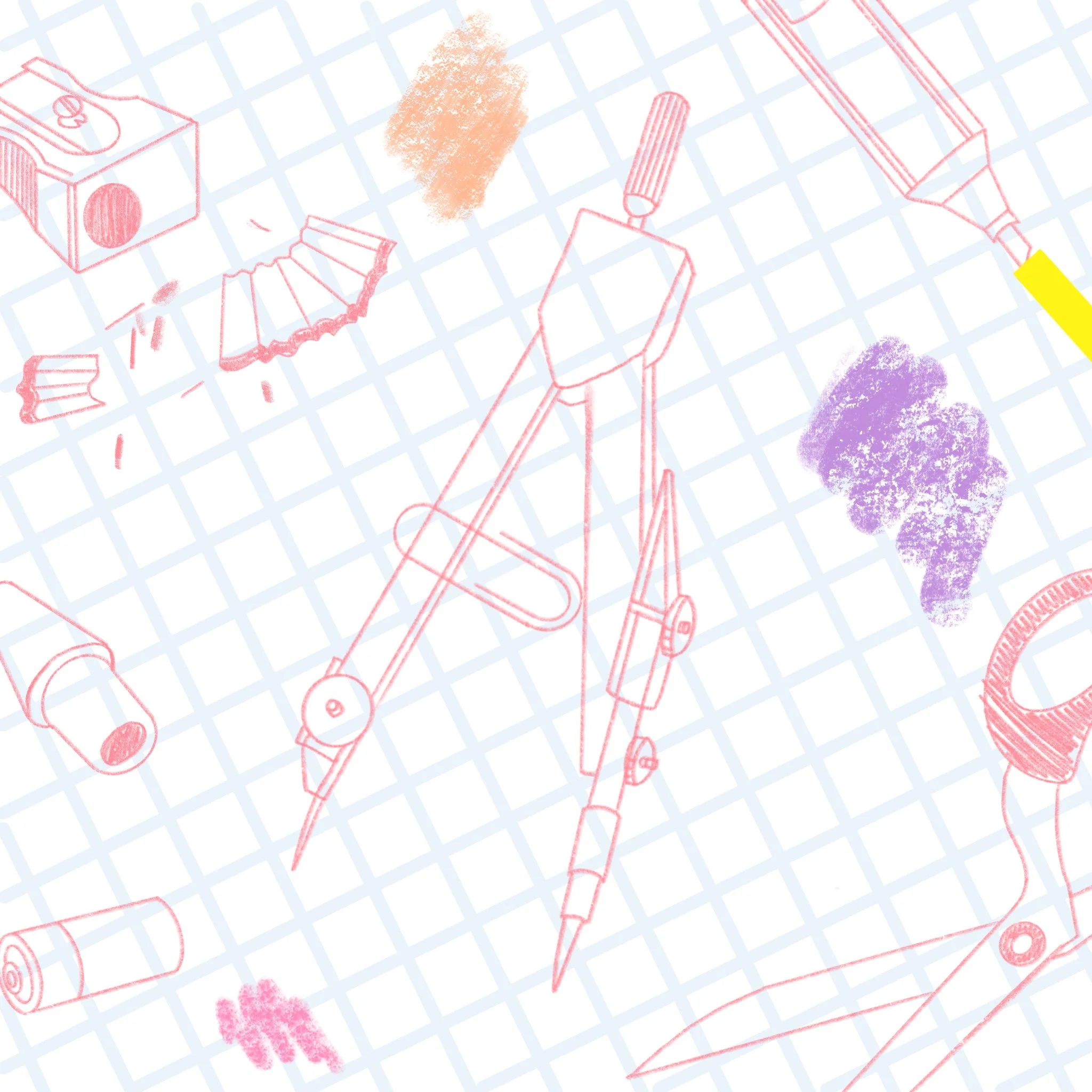 Line drawing of a scooter surrounded by various art supplies and scraps, including spray paint cans, a paintbrush, a tube of paint, a palette, a sharpener, and scraps of paper, on a checkered background.