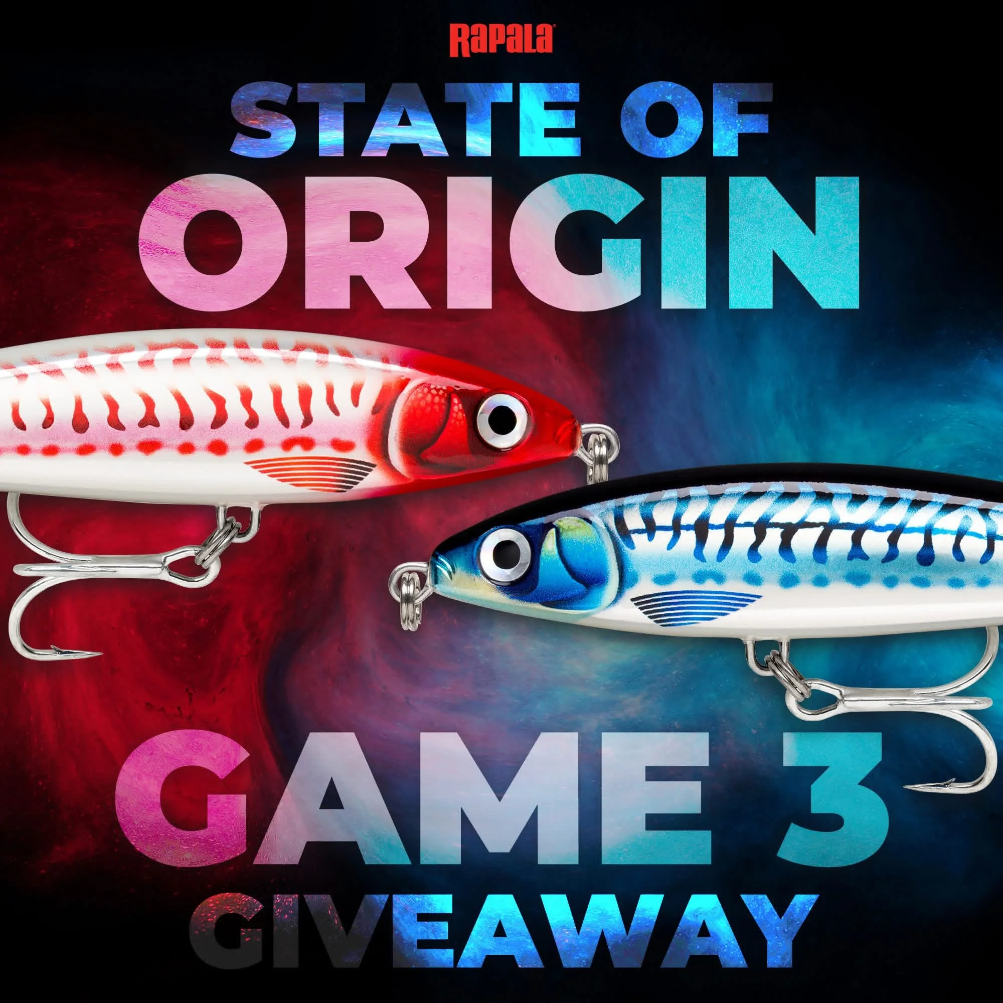 Graphic promoting a giveaway for a game called 'State of Origin' by Rapala, featuring two fishing lures with realistic fish designs, against a colorful cosmic background.