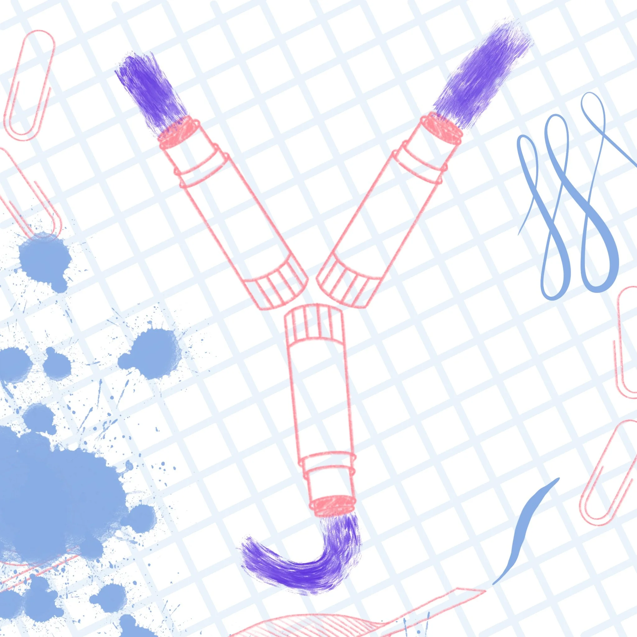 Illustration of three glue sticks with purple tips, arranged to form the letter Y, on a light blue grid background with blue ink splatters, paper clips, and a blue ribbon.