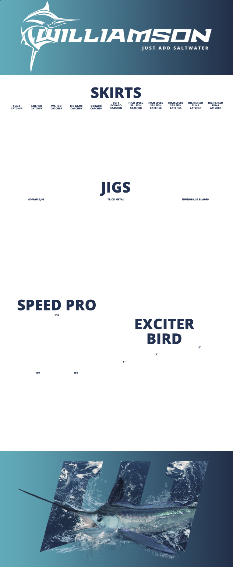 A fishing catalog page showcasing various fishing lures, jigs, and speed pro baits from Williamson, with a picture of a marlin jumping out of the water at the bottom.