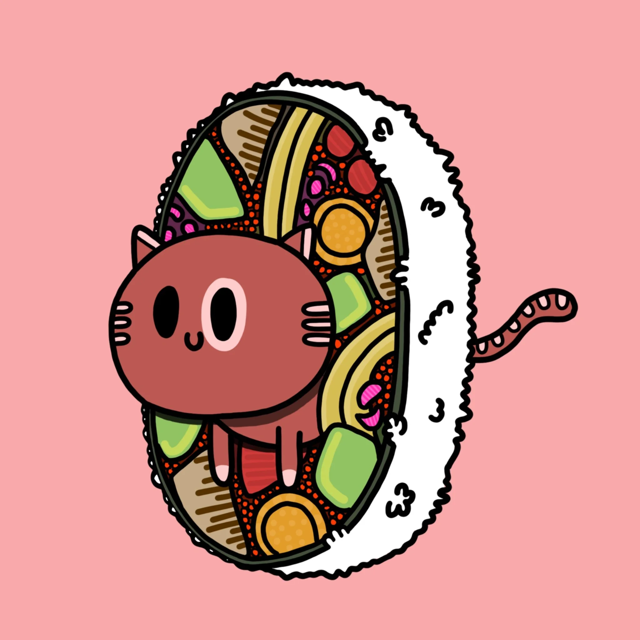 Cute cartoon cat with a sushi roll body on a pink background.