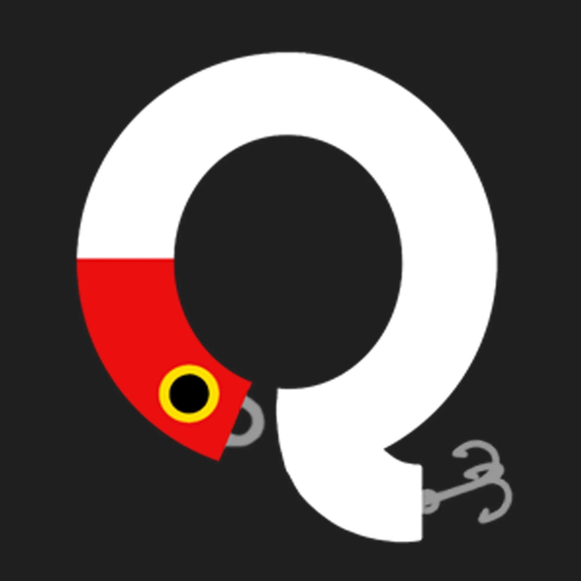 Illustration of a black, white, red, yellow, and gray circular design resembling a stylized cat with a curled tail, against a black background.