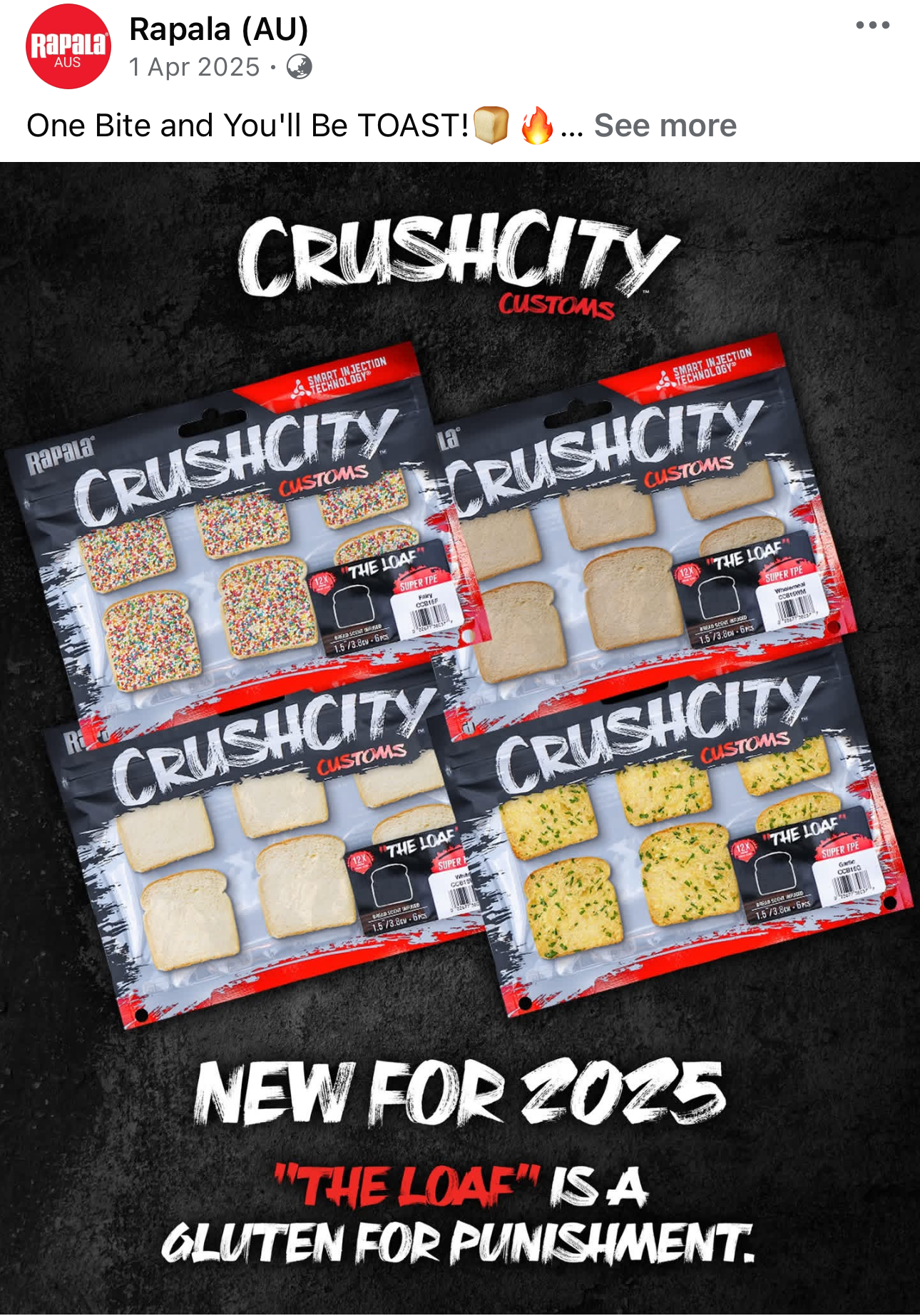 Four packages of CrushCity custom bread slices, each with different toppings, arranged on a black textured surface with promotional text about new gluten options for 2025.