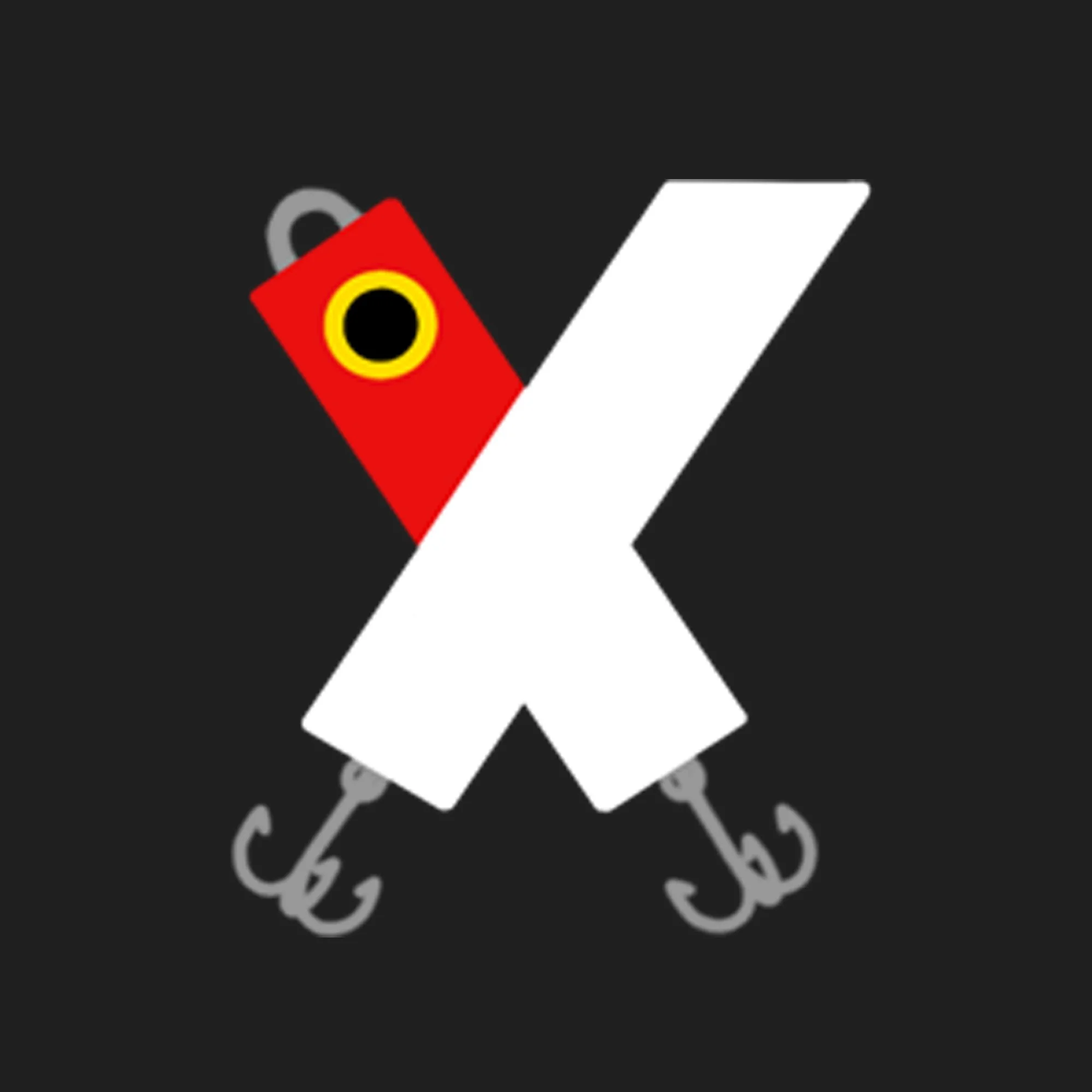 Logo with a white 'X', a red tag with a black circle and yellow border, and two fishing hooks on a black background.
