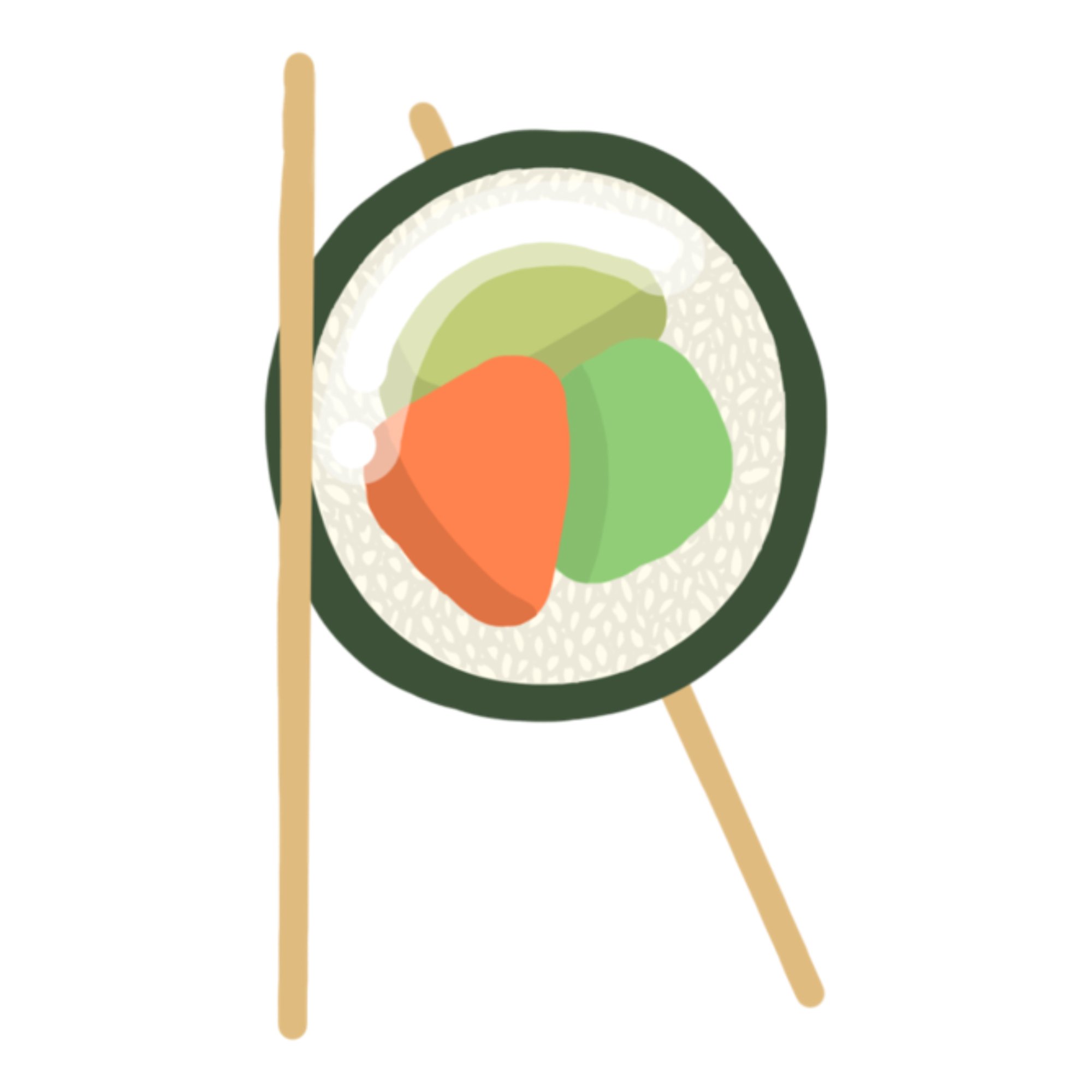 Illustration of a sushi roll with visible salmon, avocado, and cucumber inside, with wooden chopsticks beside it.