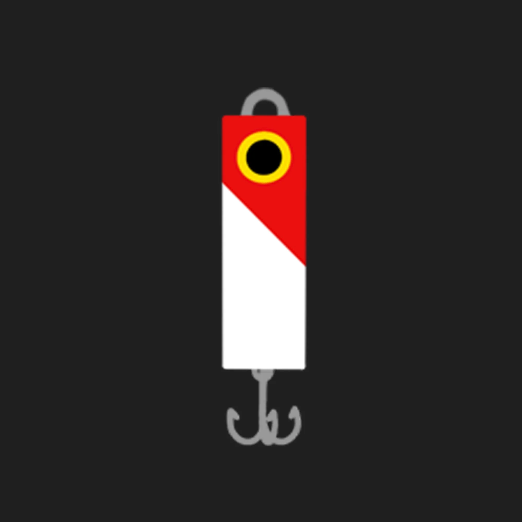 Digital illustration of a fishing lure with a white body, red diagonal top section, yellow and black eye, and metal hooks at the bottom, set against a dark background.